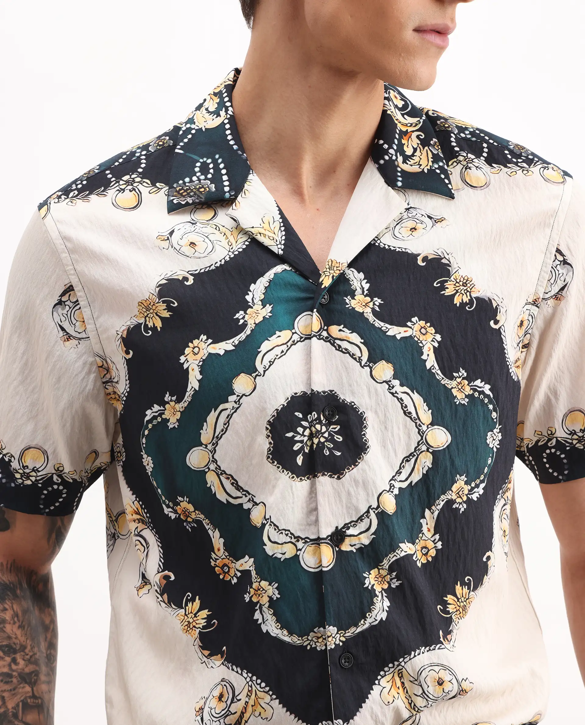 Rare Rabbit Men's Fovix Off Whte Viscose Blend Ornamental Print Relaxed Fit Half Sleeve Cuban Collar Shirt - Image 3