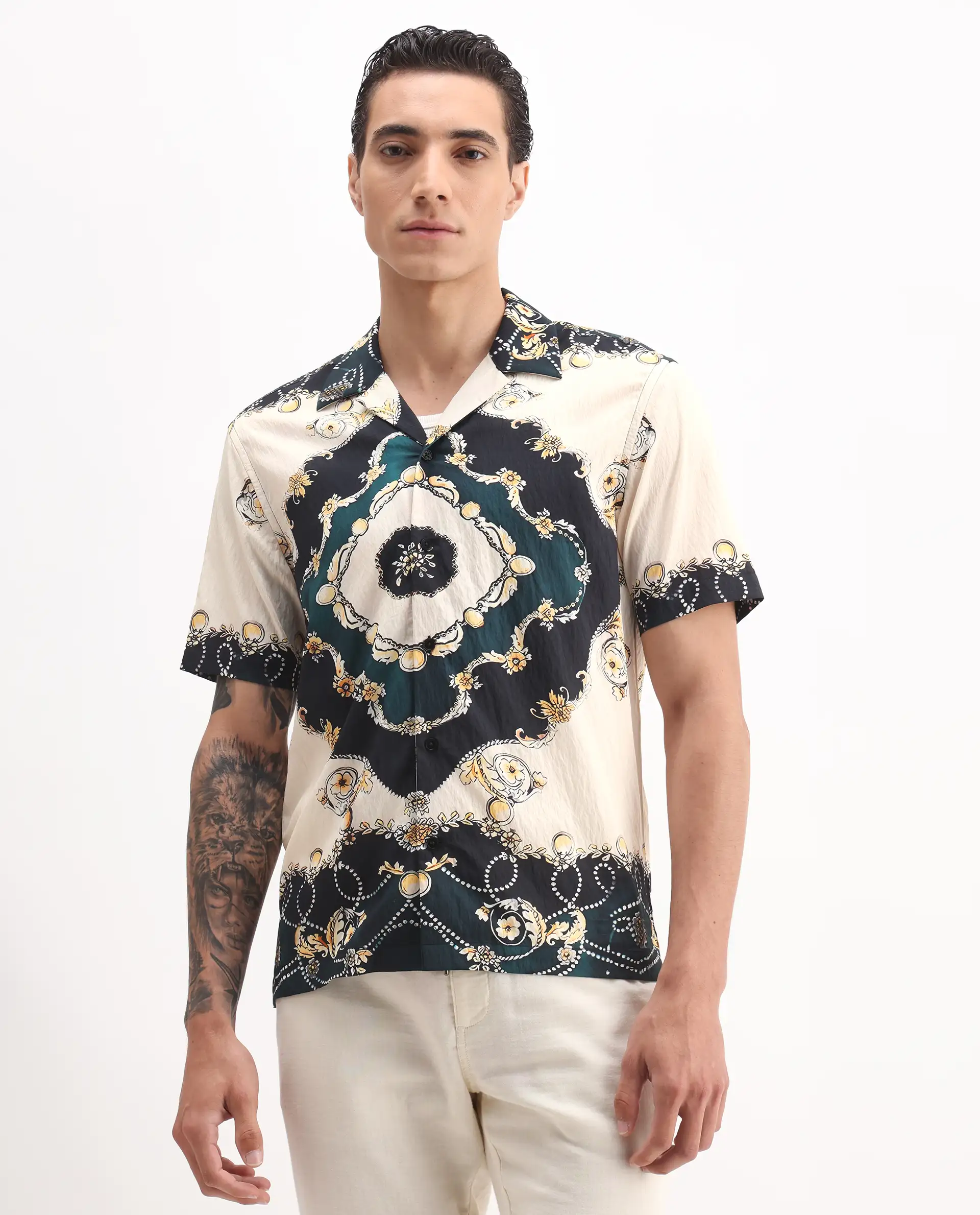 Rare Rabbit Men's Fovix Off Whte Viscose Blend Ornamental Print Relaxed Fit Half Sleeve Cuban Collar Shirt - Image 4