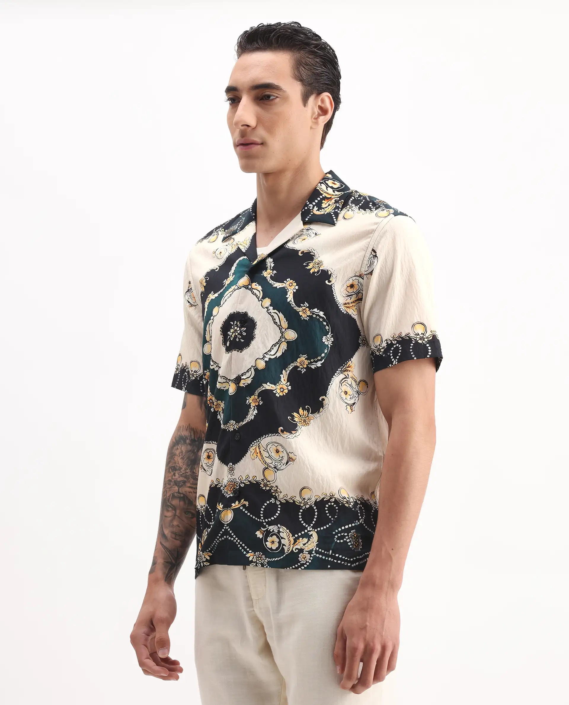 Rare Rabbit Men's Fovix Off Whte Viscose Blend Ornamental Print Relaxed Fit Half Sleeve Cuban Collar Shirt - Image 5