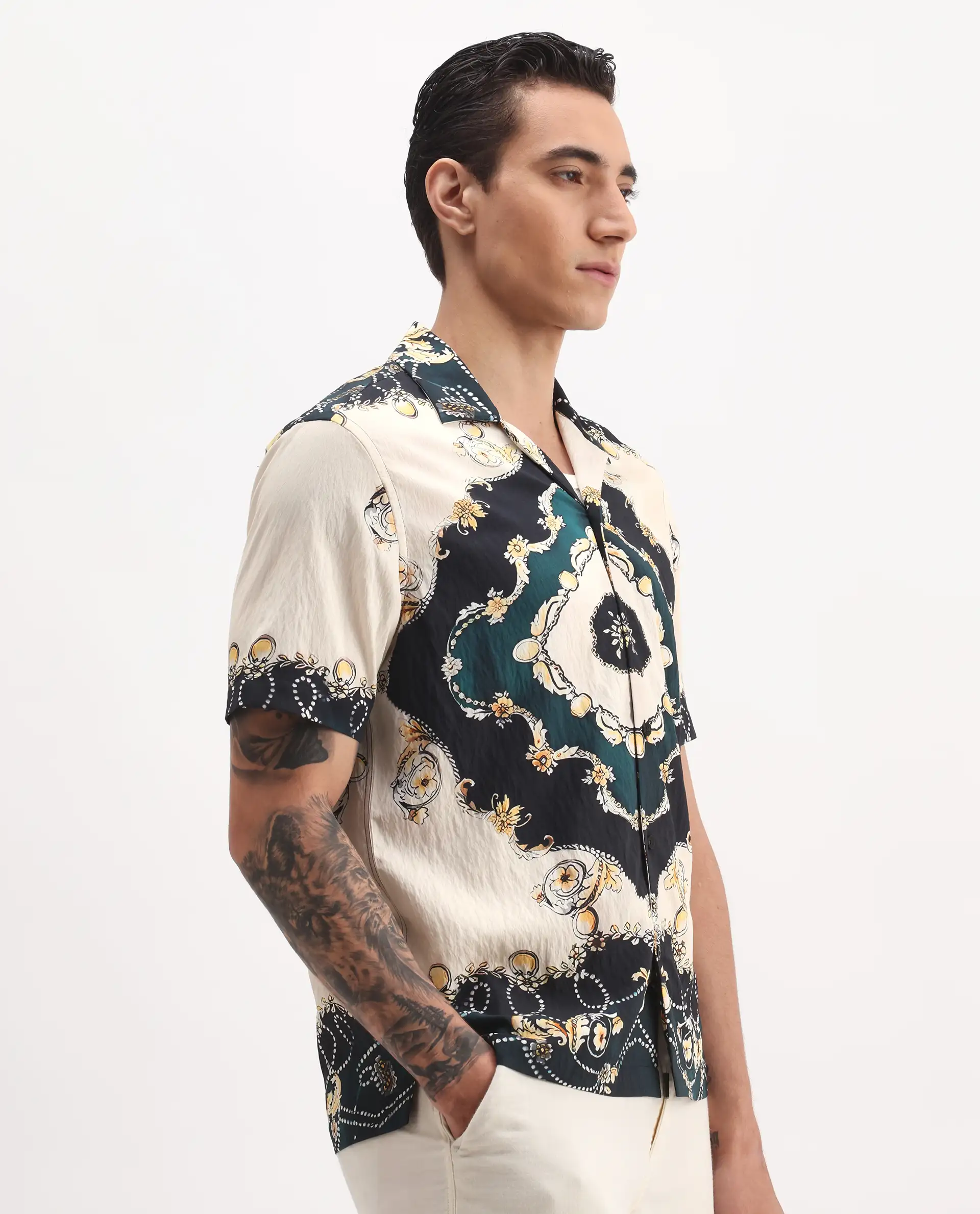 Rare Rabbit Men's Fovix Off Whte Viscose Blend Ornamental Print Relaxed Fit Half Sleeve Cuban Collar Shirt - Image 6