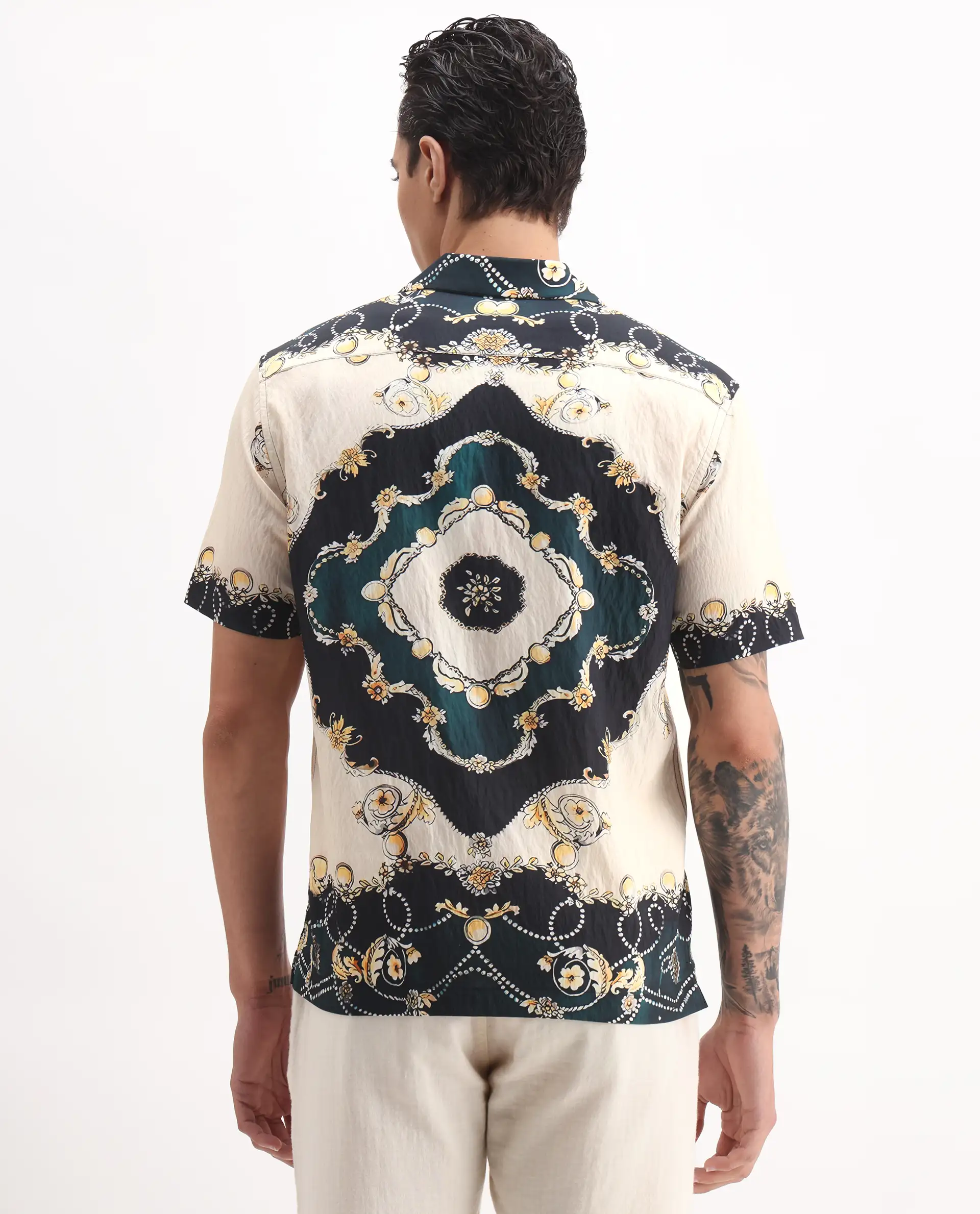 Rare Rabbit Men's Fovix Off Whte Viscose Blend Ornamental Print Relaxed Fit Half Sleeve Cuban Collar Shirt - Image 7