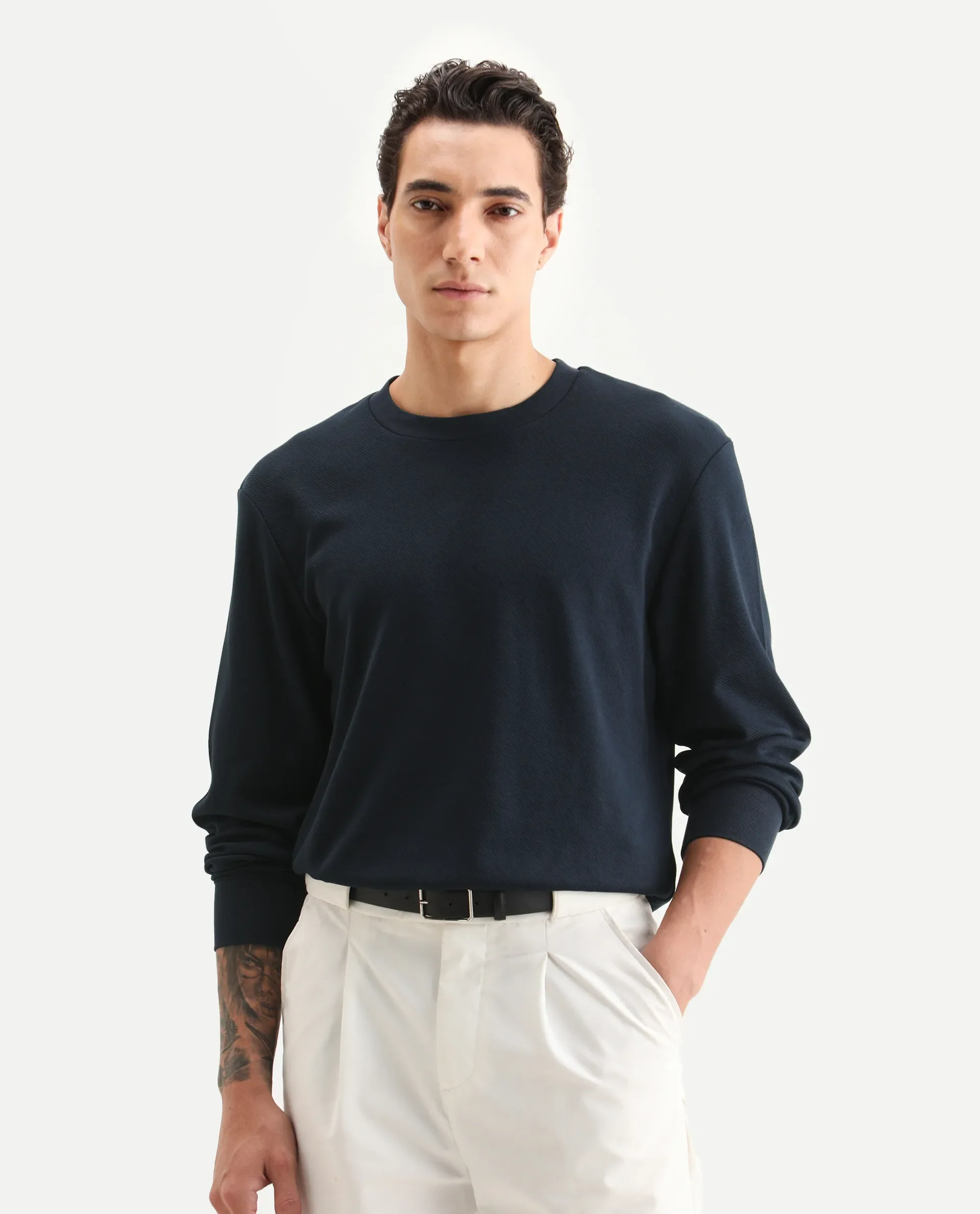 Rare Rabbit Men's Foy Navy Cotton Plain Regular Fit Full Sleeve Crew Neck Sweatshirt - Image 3