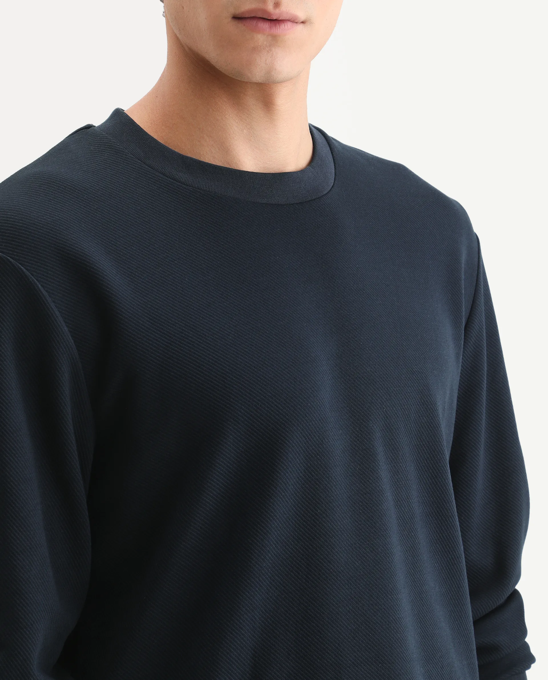 Rare Rabbit Men's Foy Navy Cotton Plain Regular Fit Full Sleeve Crew Neck Sweatshirt - Image 4