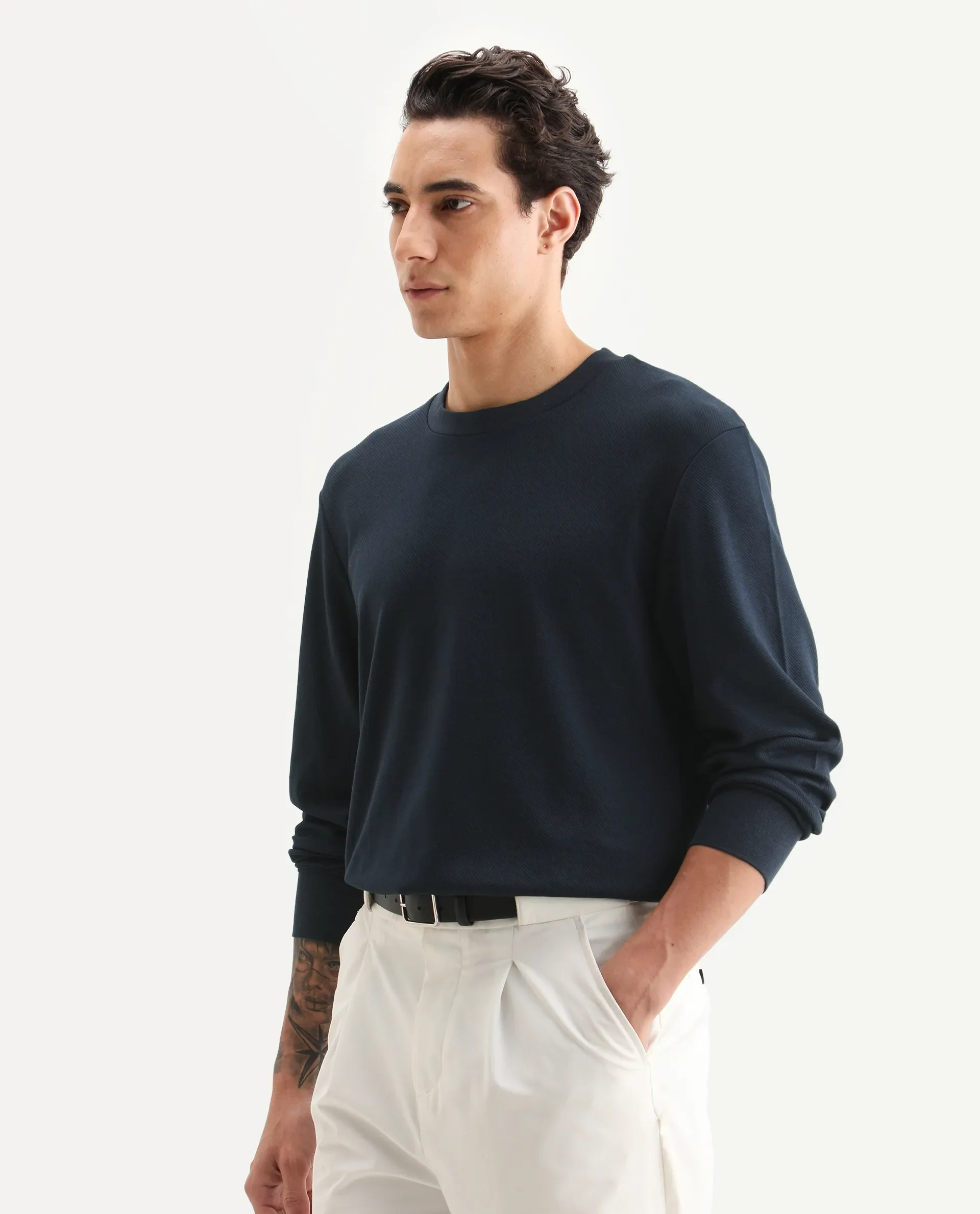 Rare Rabbit Men's Foy Navy Cotton Plain Regular Fit Full Sleeve Crew Neck Sweatshirt - Image 5