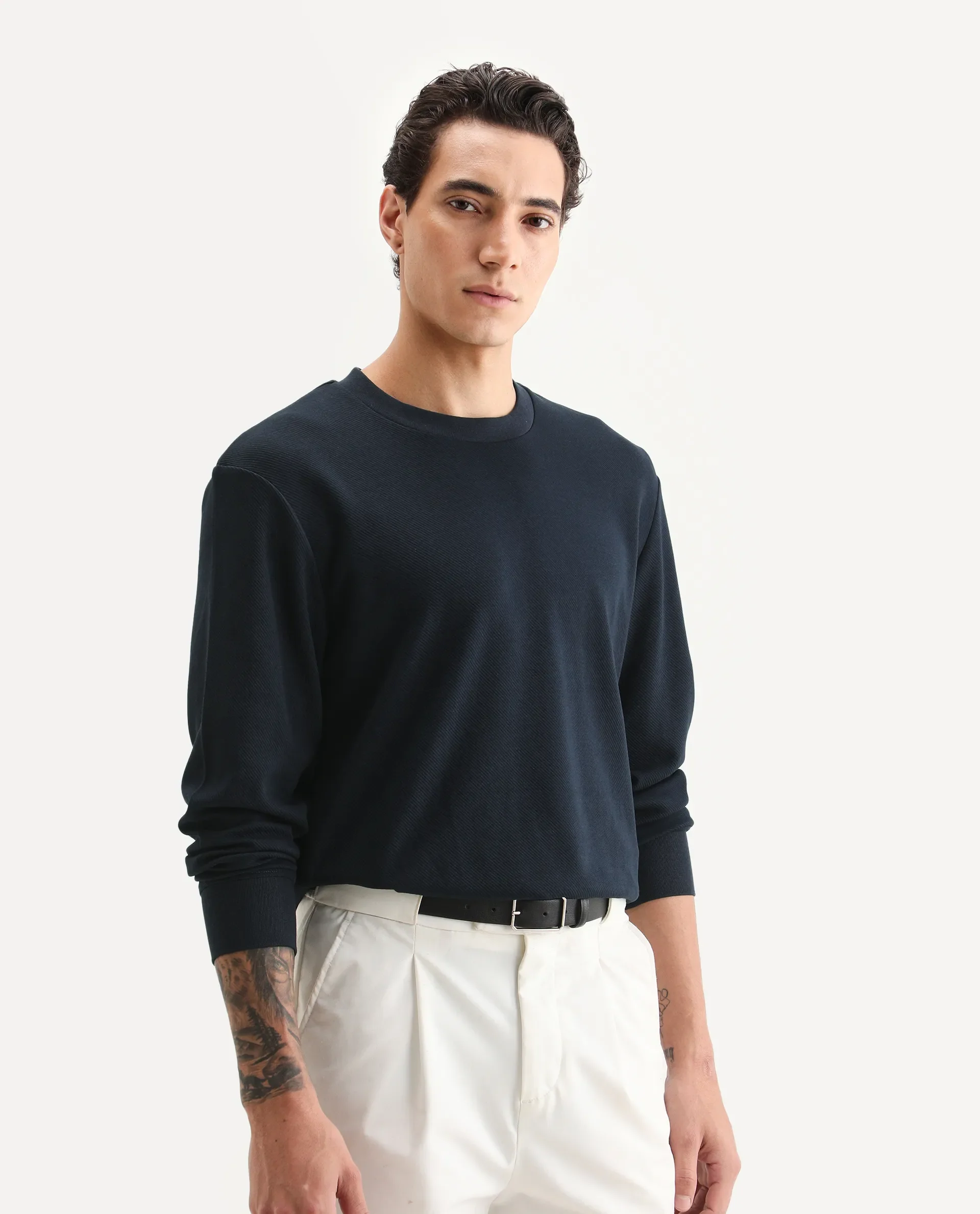 Rare Rabbit Men's Foy Navy Cotton Plain Regular Fit Full Sleeve Crew Neck Sweatshirt - Image 6