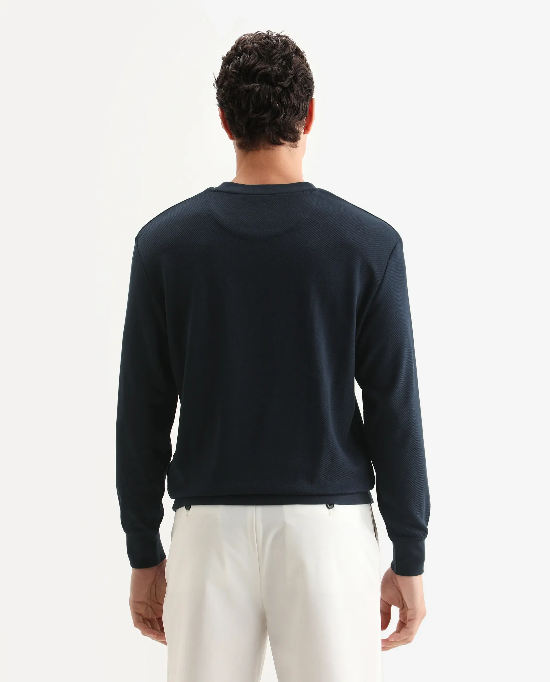 Rare Rabbit Men's Foy Navy Cotton Plain Regular Fit Full Sleeve Crew Neck Sweatshirt - Image 7