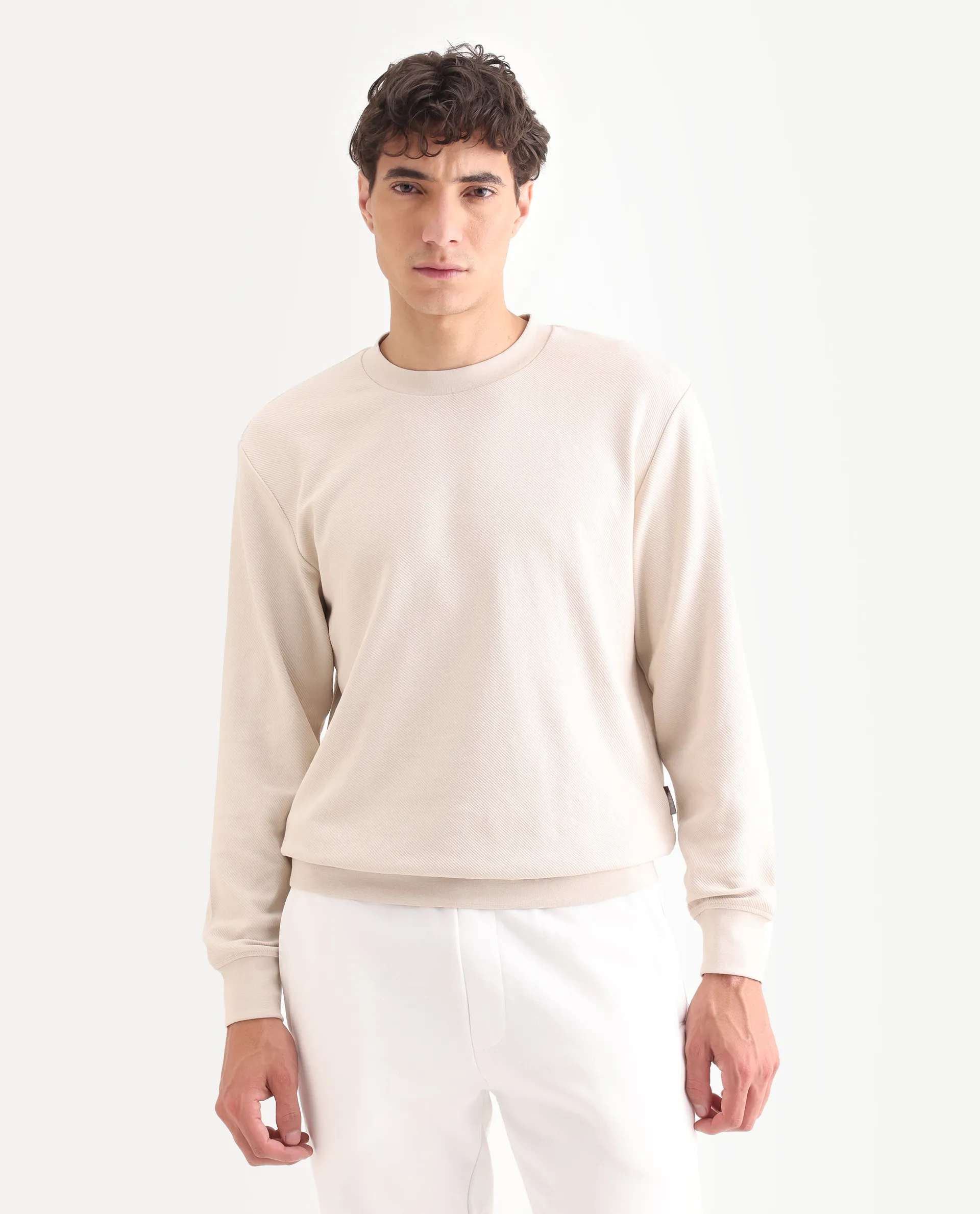Rare Rabbit Men's Foy Off White Cotton Plain Regular Fit Full Sleeve Crew Neck Sweatshirt - Image 3
