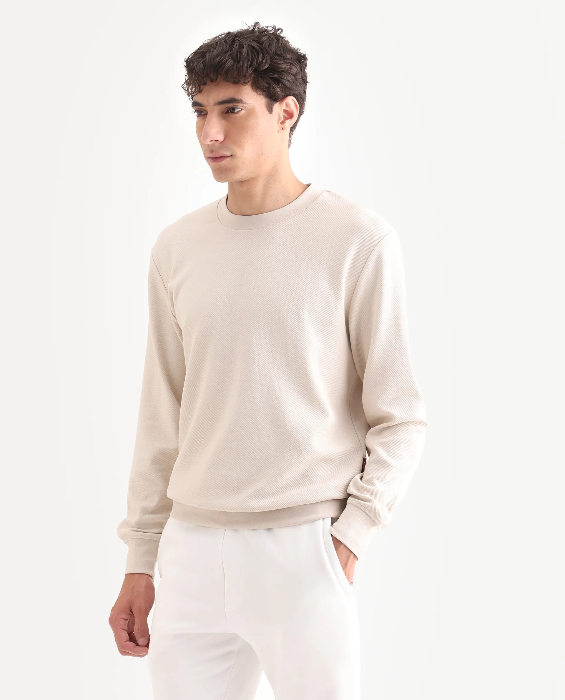 Rare Rabbit Men's Foy Off White Cotton Plain Regular Fit Full Sleeve Crew Neck Sweatshirt - Image 5