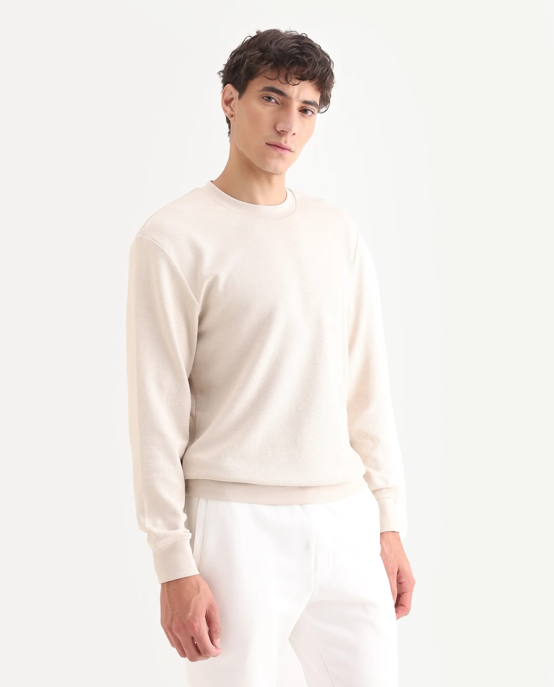 Rare Rabbit Men's Foy Off White Cotton Plain Regular Fit Full Sleeve Crew Neck Sweatshirt - Image 6