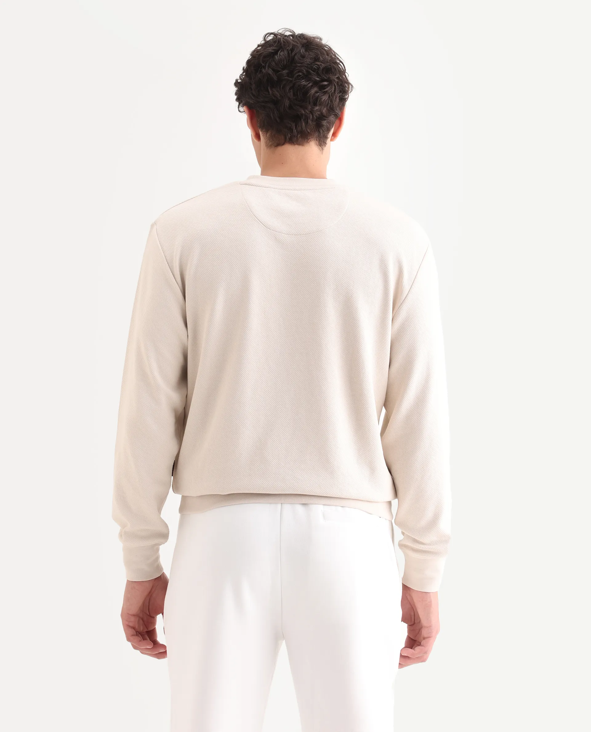 Rare Rabbit Men's Foy Off White Cotton Plain Regular Fit Full Sleeve Crew Neck Sweatshirt - Image 7