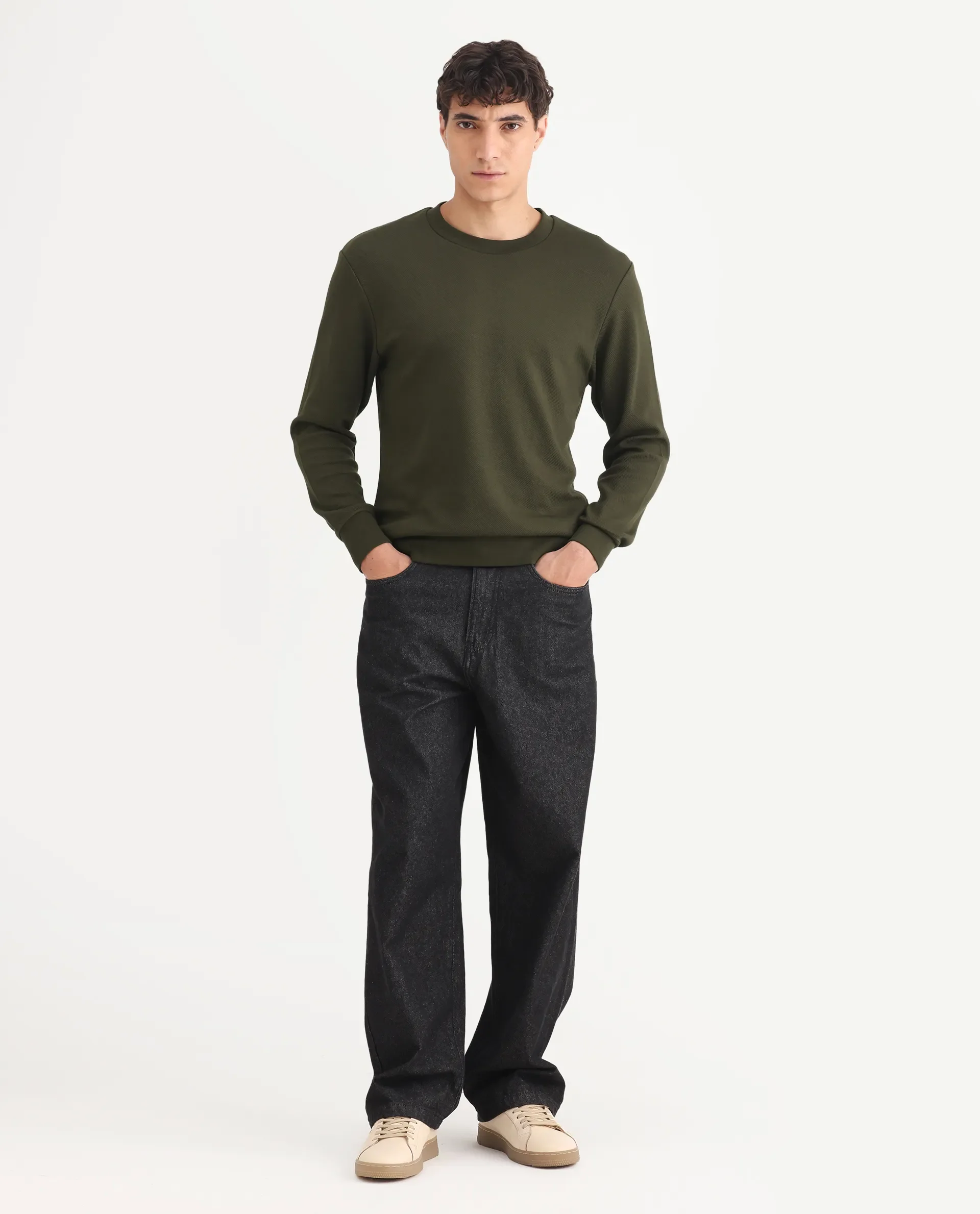 Rare Rabbit Men's Foy Olive Cotton Plain Regular Fit Full Sleeve Crew Neck Sweatshirt - Image 2
