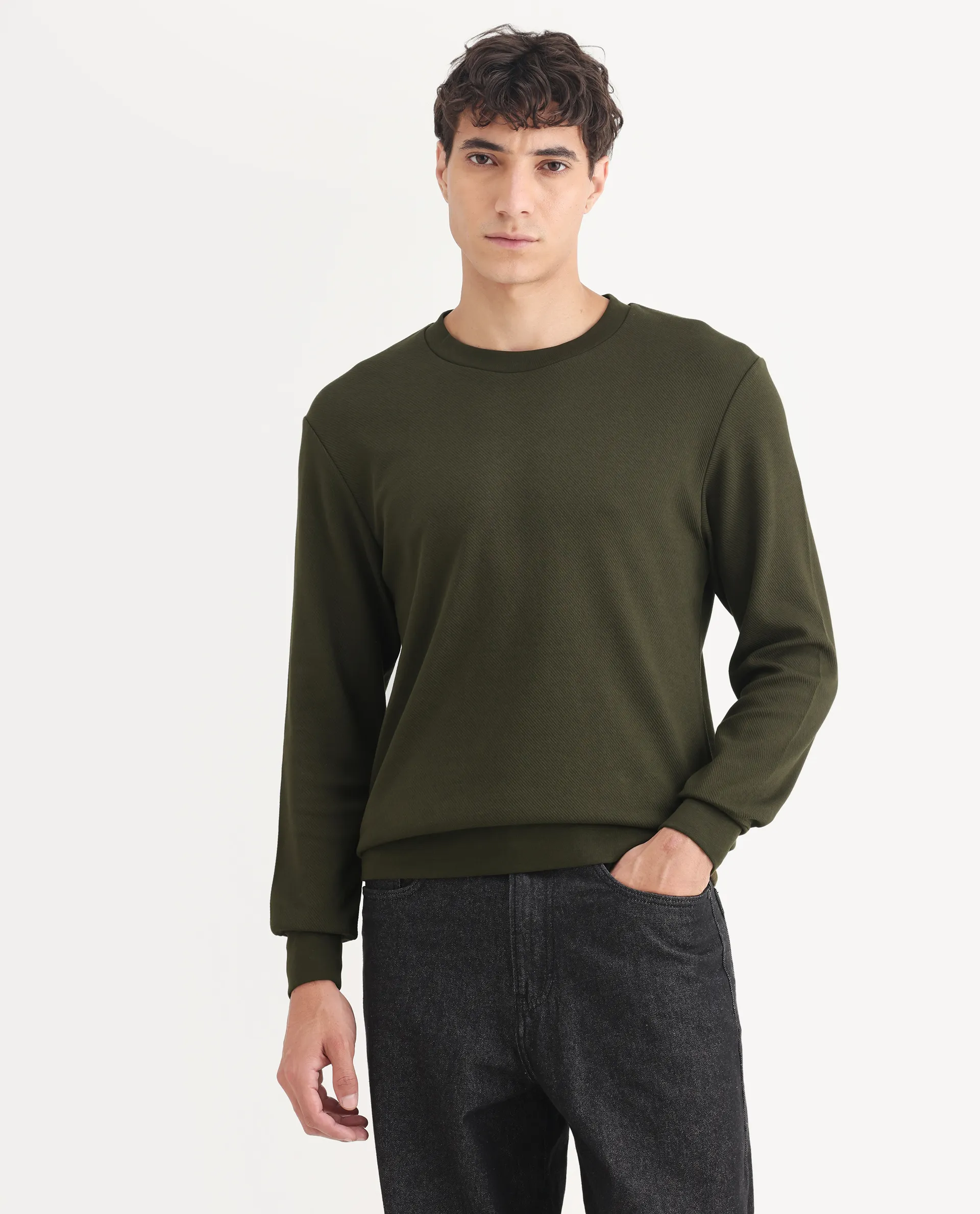 Rare Rabbit Men's Foy Olive Cotton Plain Regular Fit Full Sleeve Crew Neck Sweatshirt - Image 3