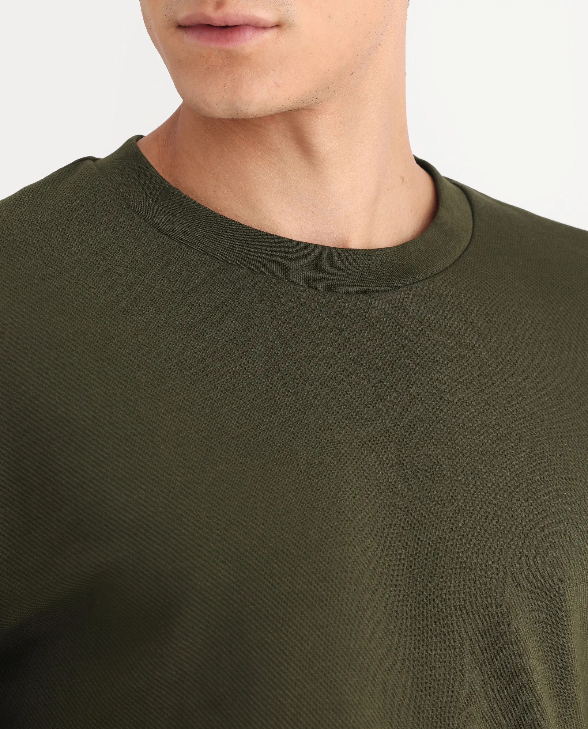 Rare Rabbit Men's Foy Olive Cotton Plain Regular Fit Full Sleeve Crew Neck Sweatshirt - Image 4