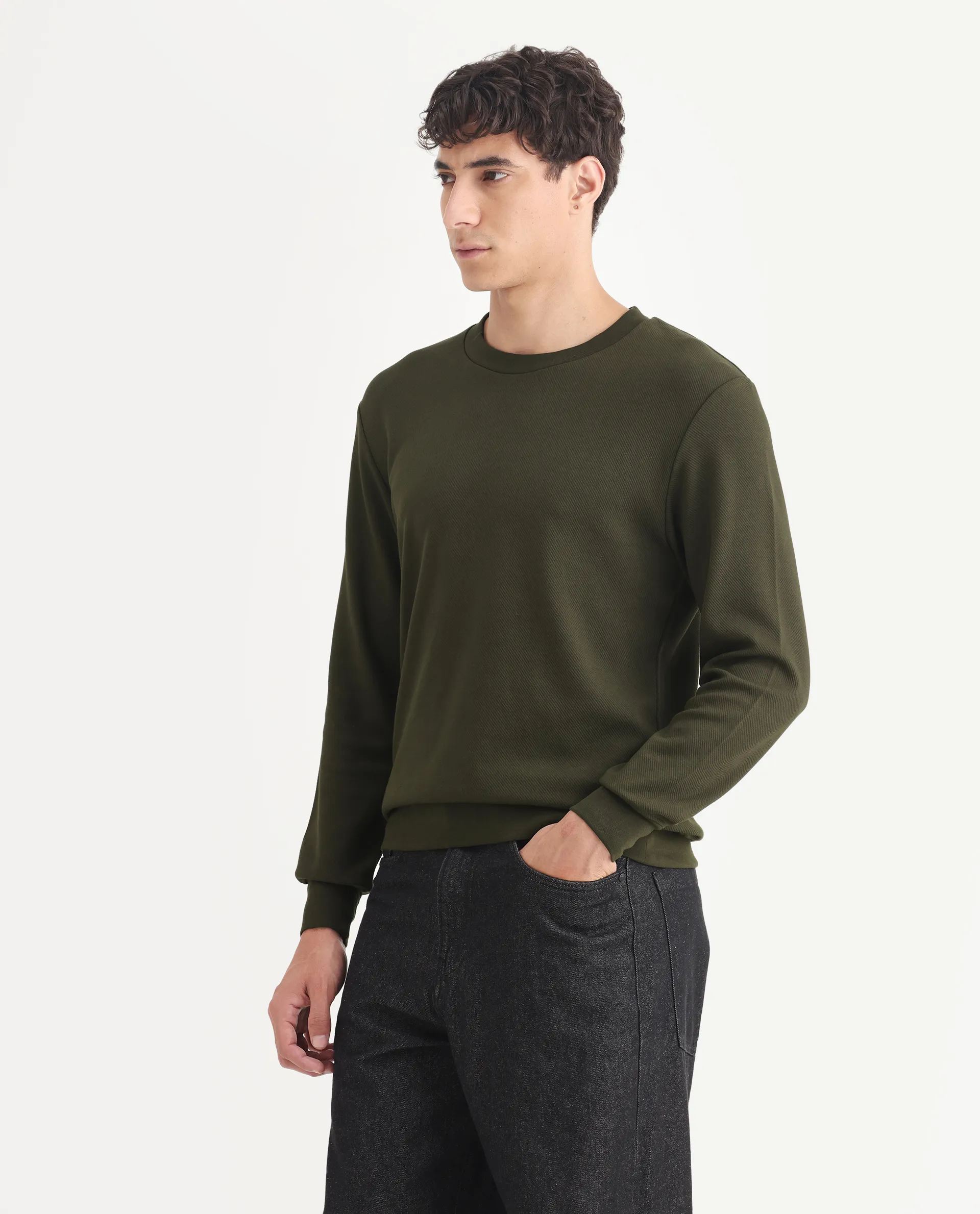Rare Rabbit Men's Foy Olive Cotton Plain Regular Fit Full Sleeve Crew Neck Sweatshirt - Image 5