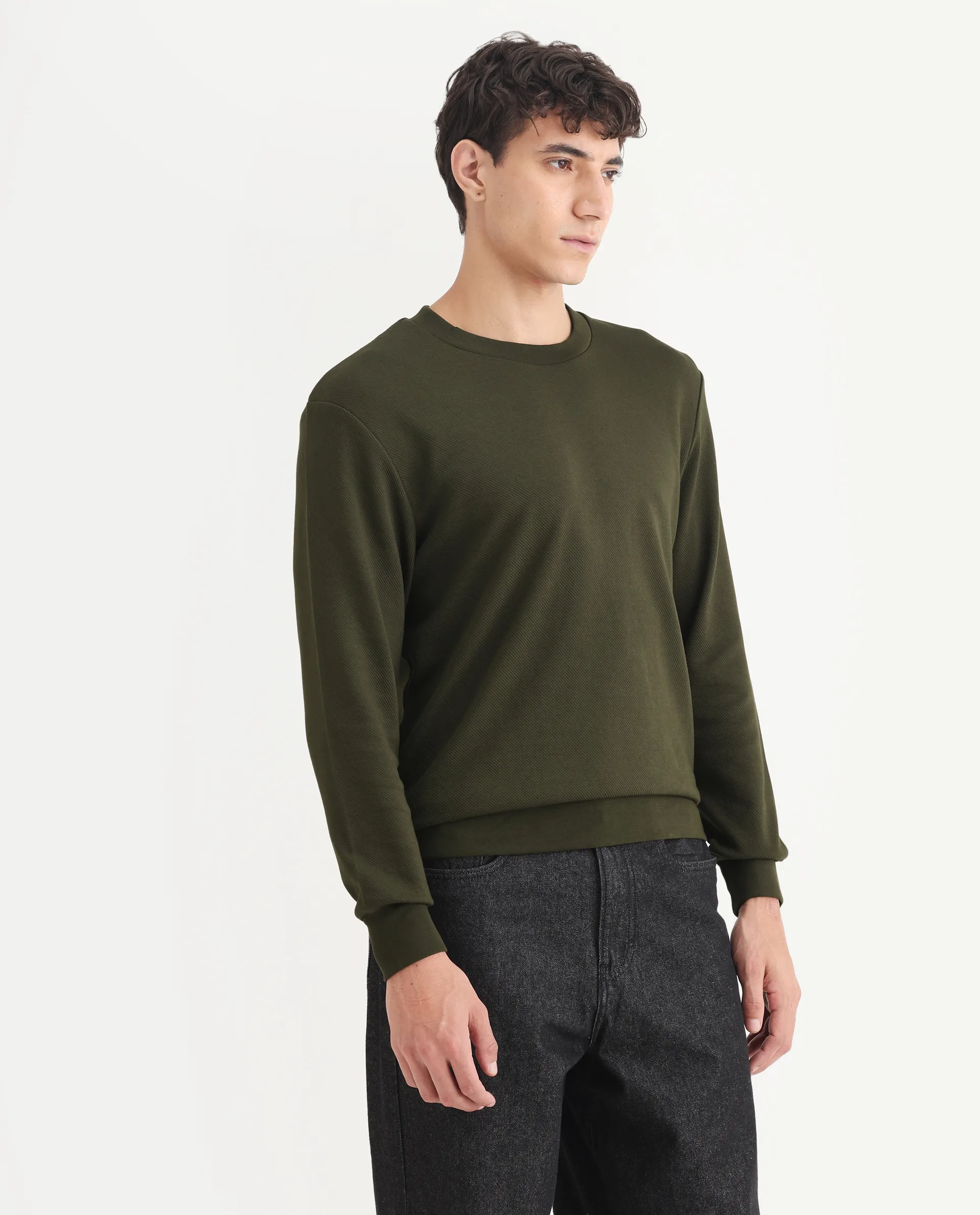 Rare Rabbit Men's Foy Olive Cotton Plain Regular Fit Full Sleeve Crew Neck Sweatshirt - Image 6