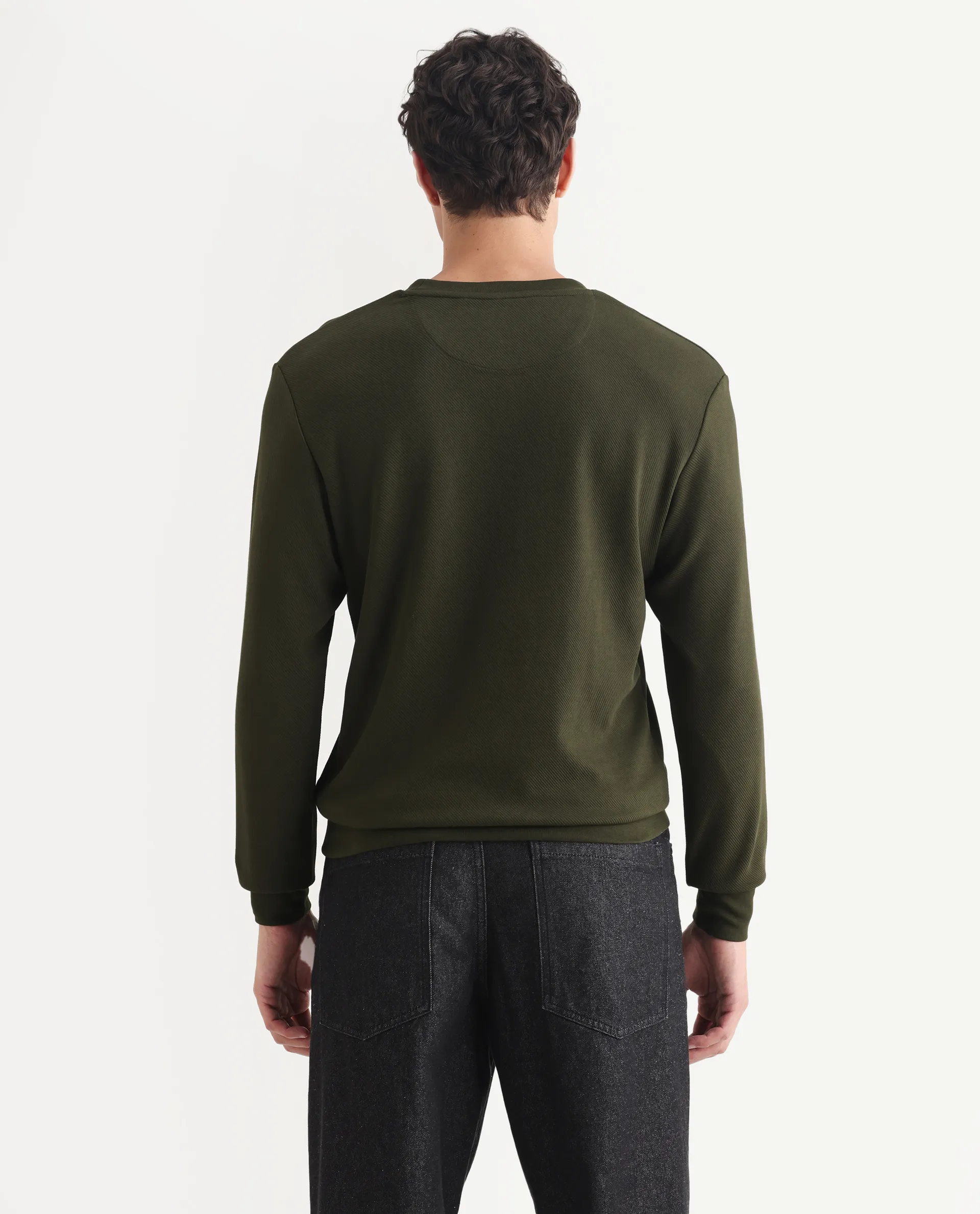 Rare Rabbit Men's Foy Olive Cotton Plain Regular Fit Full Sleeve Crew Neck Sweatshirt - Image 7