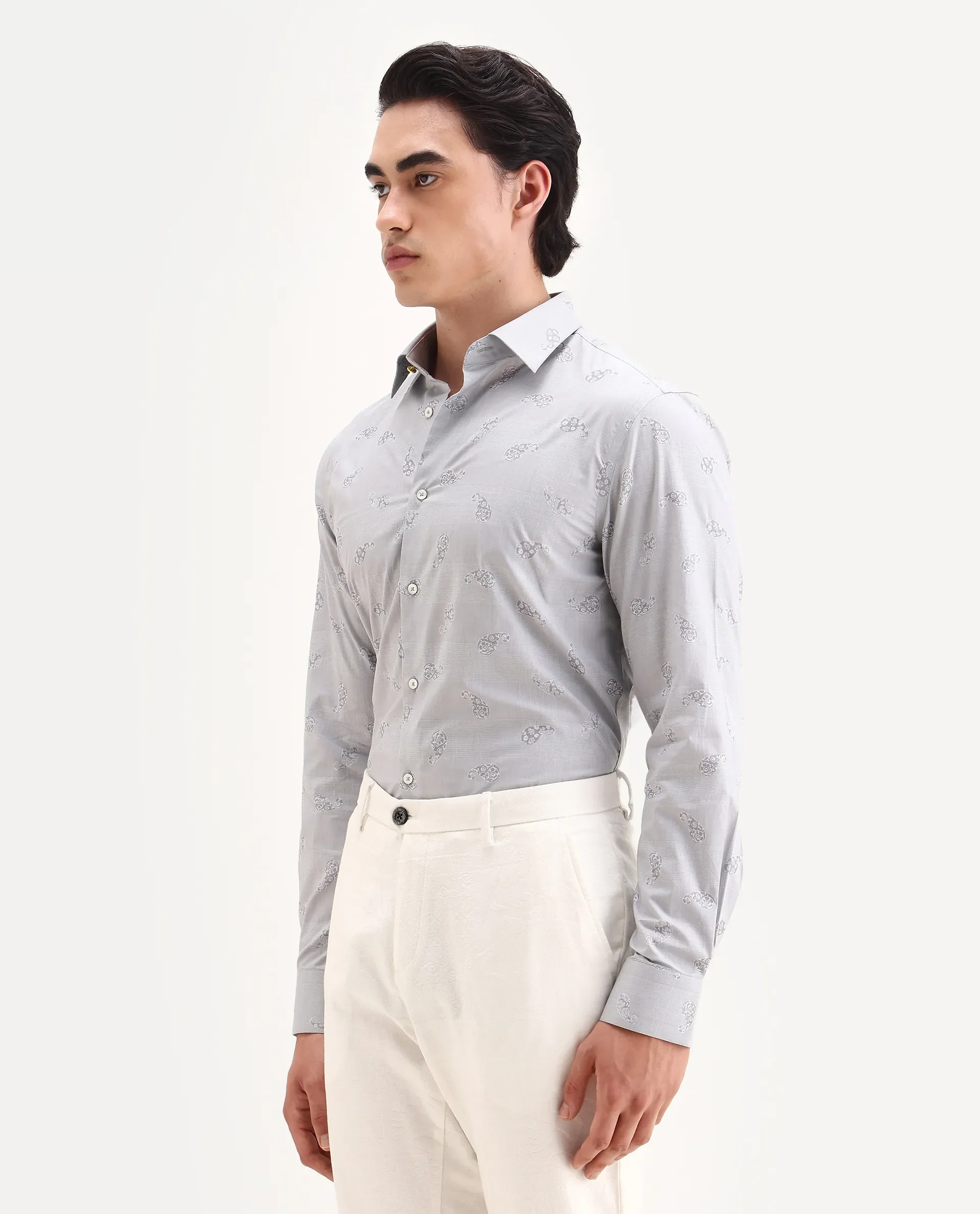 Rare Rabbit Men's Frab Grey Cotton Blend Spread Collar Regular Fit Checked Shirt - Image 4