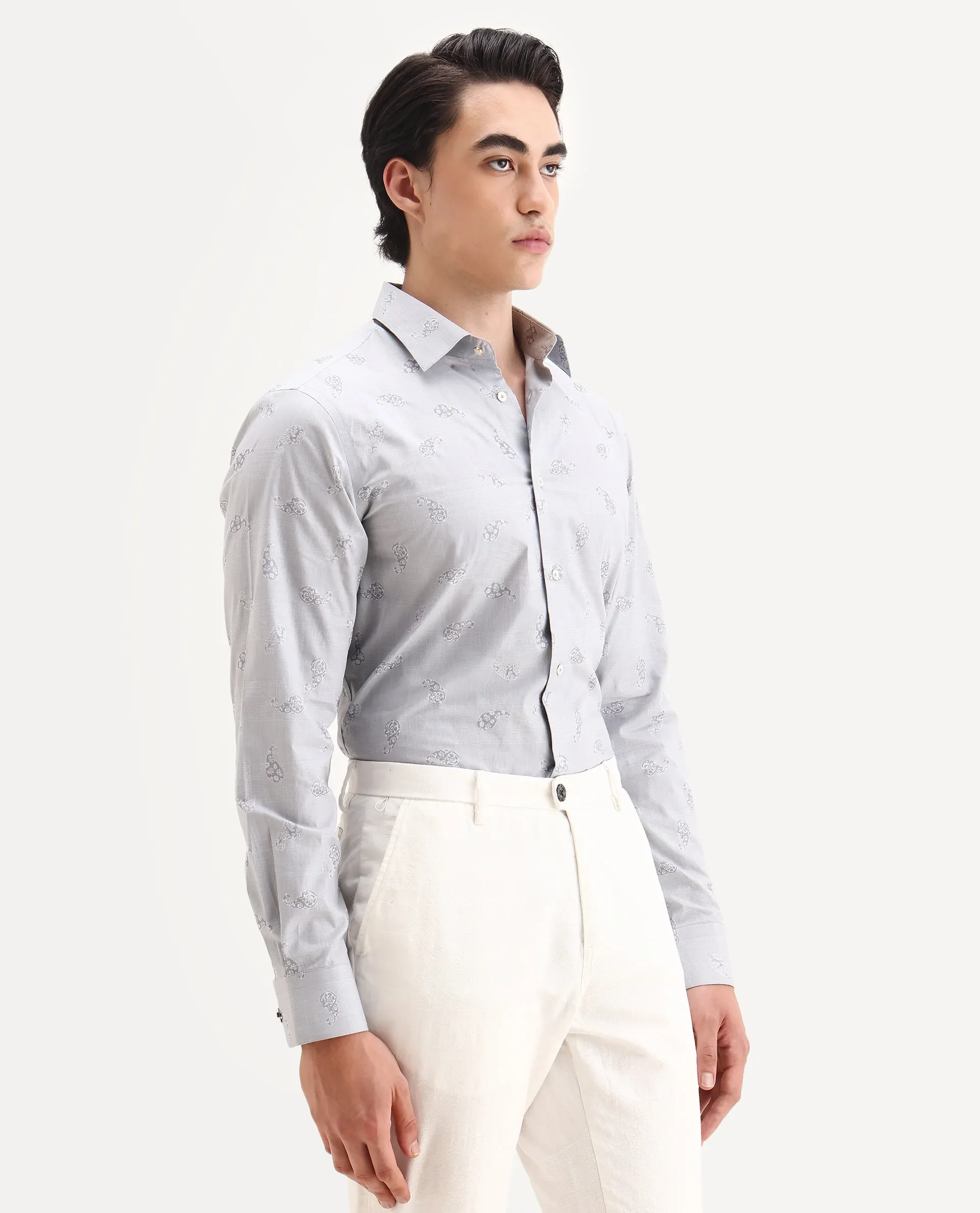 Rare Rabbit Men's Frab Grey Cotton Blend Spread Collar Regular Fit Checked Shirt - Image 5