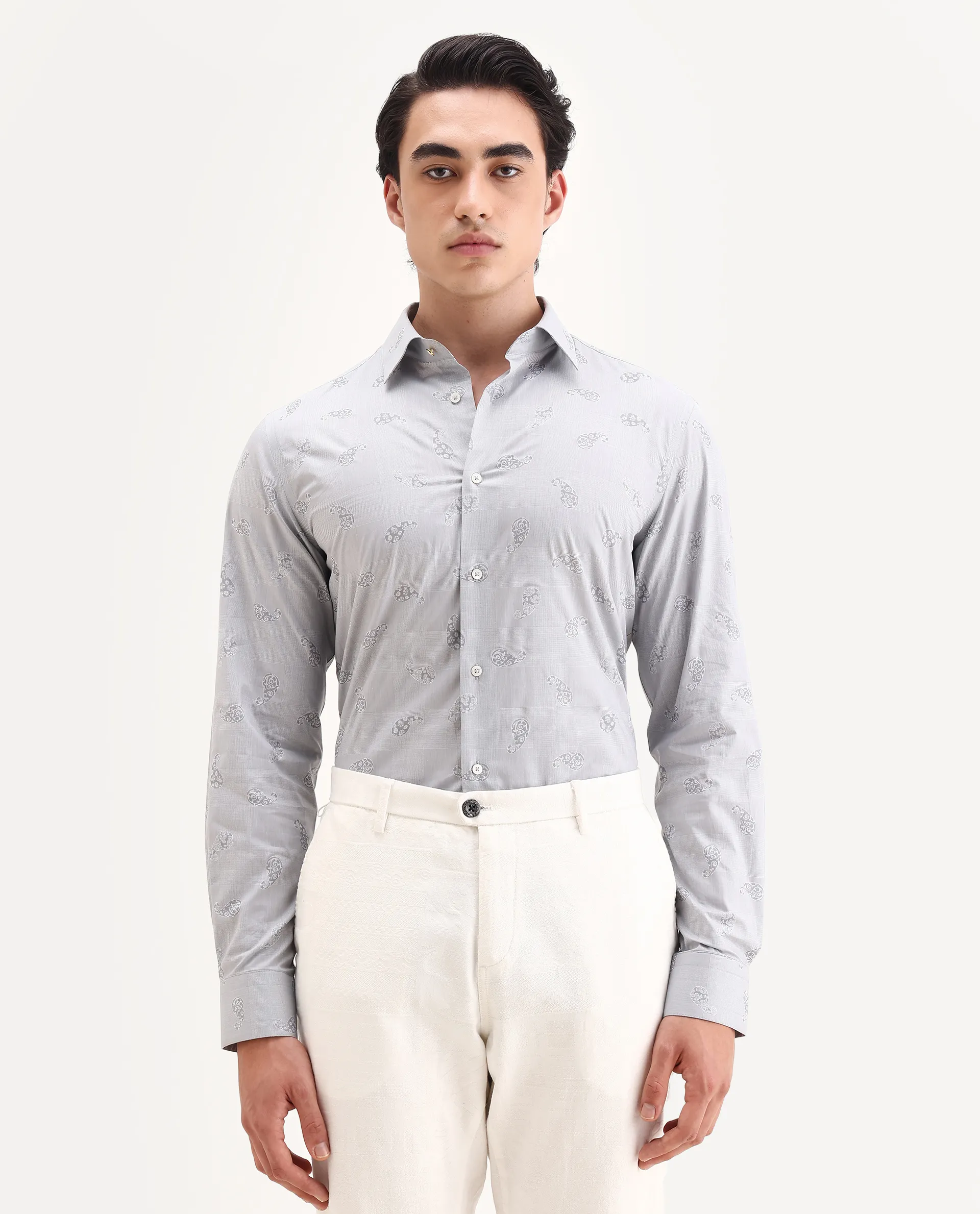 Rare Rabbit Men's Frab Grey Cotton Blend Spread Collar Regular Fit Checked Shirt - Image 7