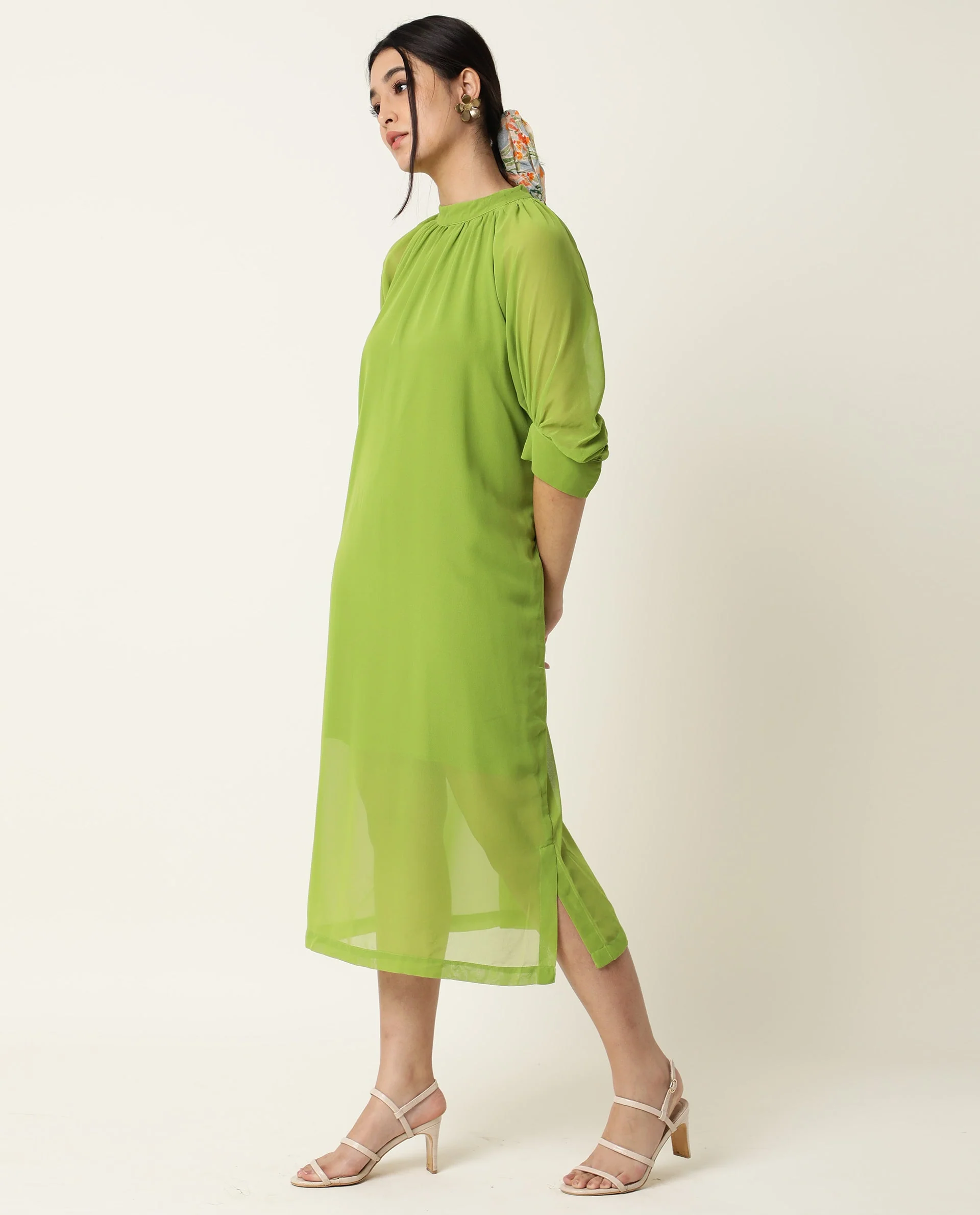 Rareism Women's Frag Green High Neck Plain Knee Length Regular Fit Dress - Image 10