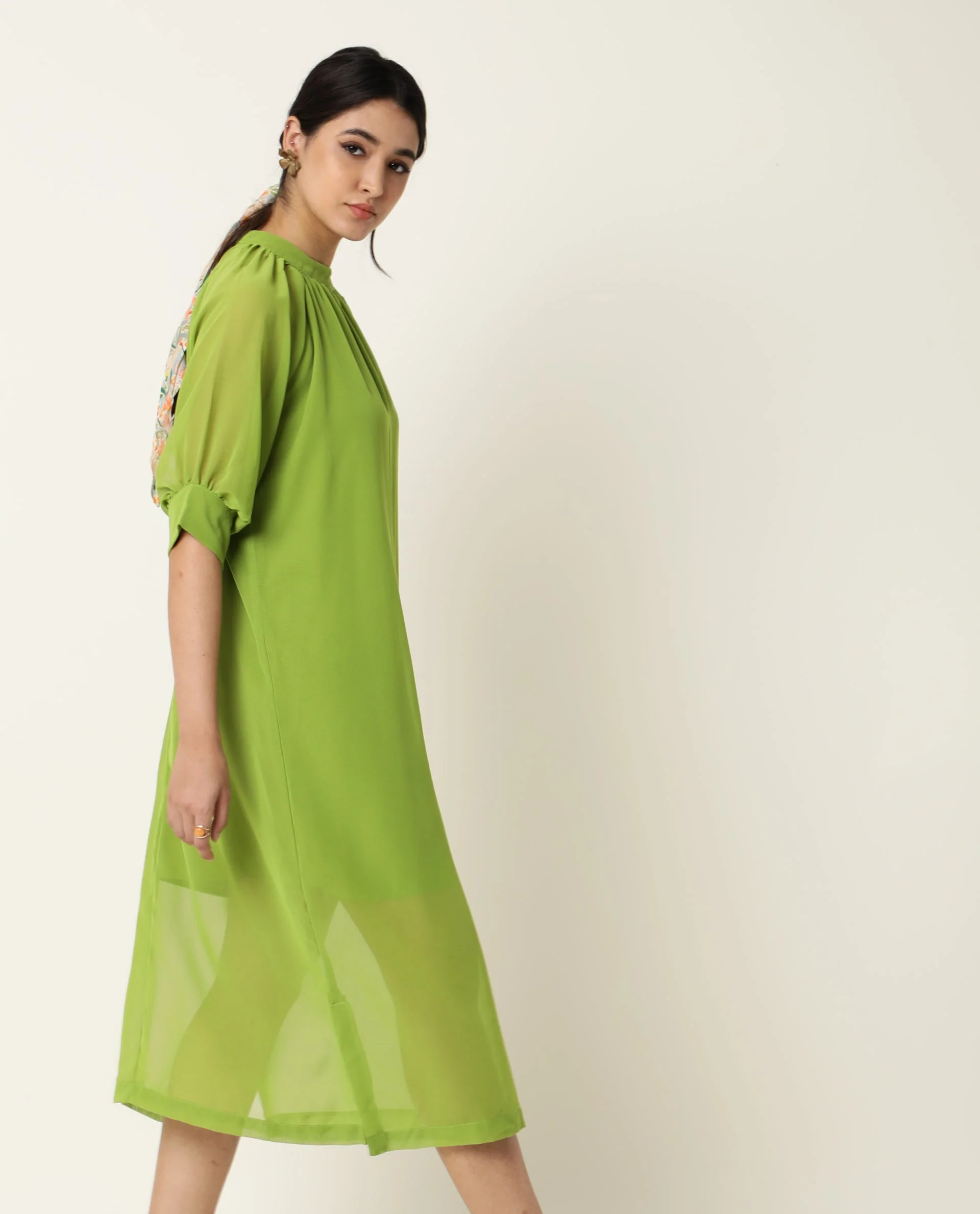Rareism Women's Frag Green High Neck Plain Knee Length Regular Fit Dress - Image 11