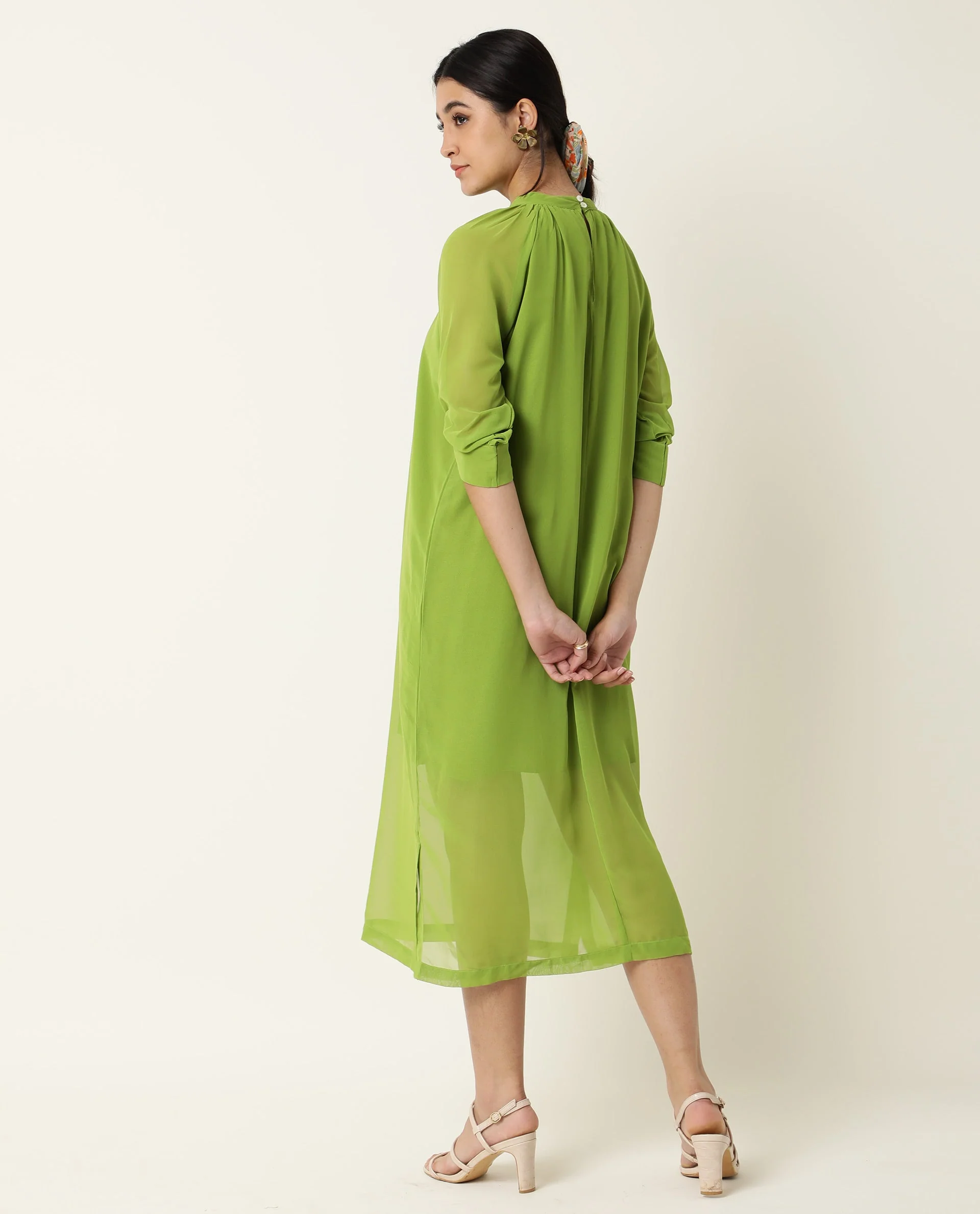 Rareism Women's Frag Green High Neck Plain Knee Length Regular Fit Dress - Image 12