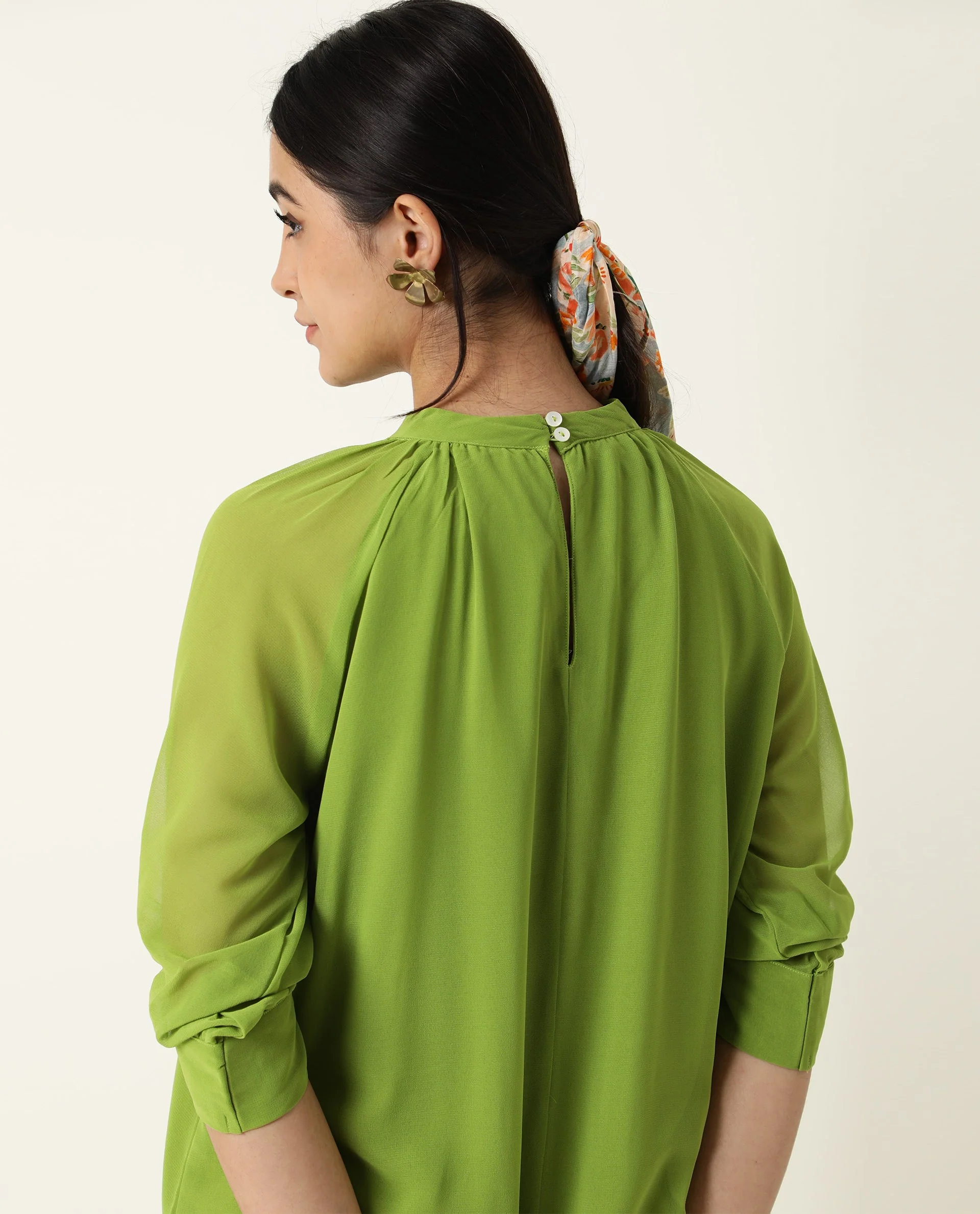 Rareism Women's Frag Green High Neck Plain Knee Length Regular Fit Dress - Image 3
