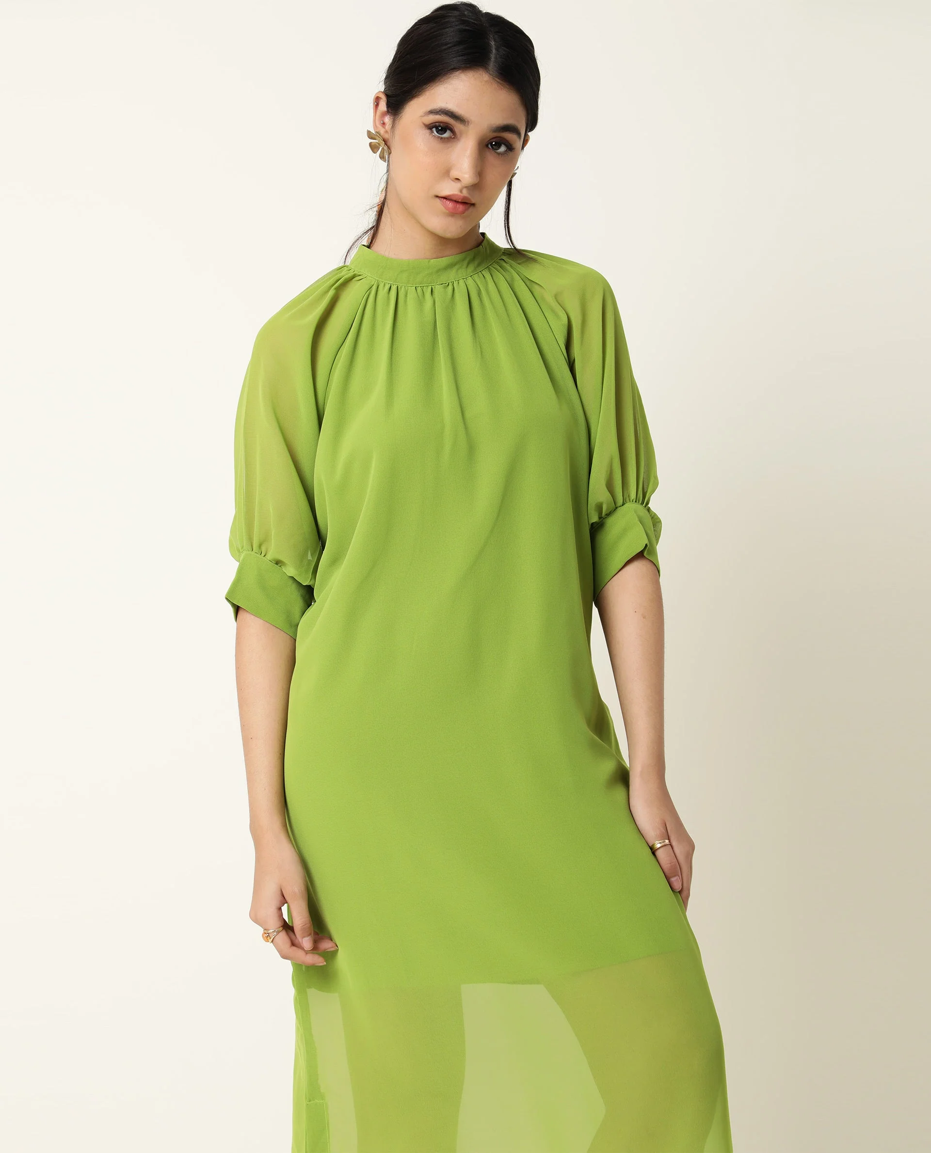 Rareism Women's Frag Green High Neck Plain Knee Length Regular Fit Dress - Image 4