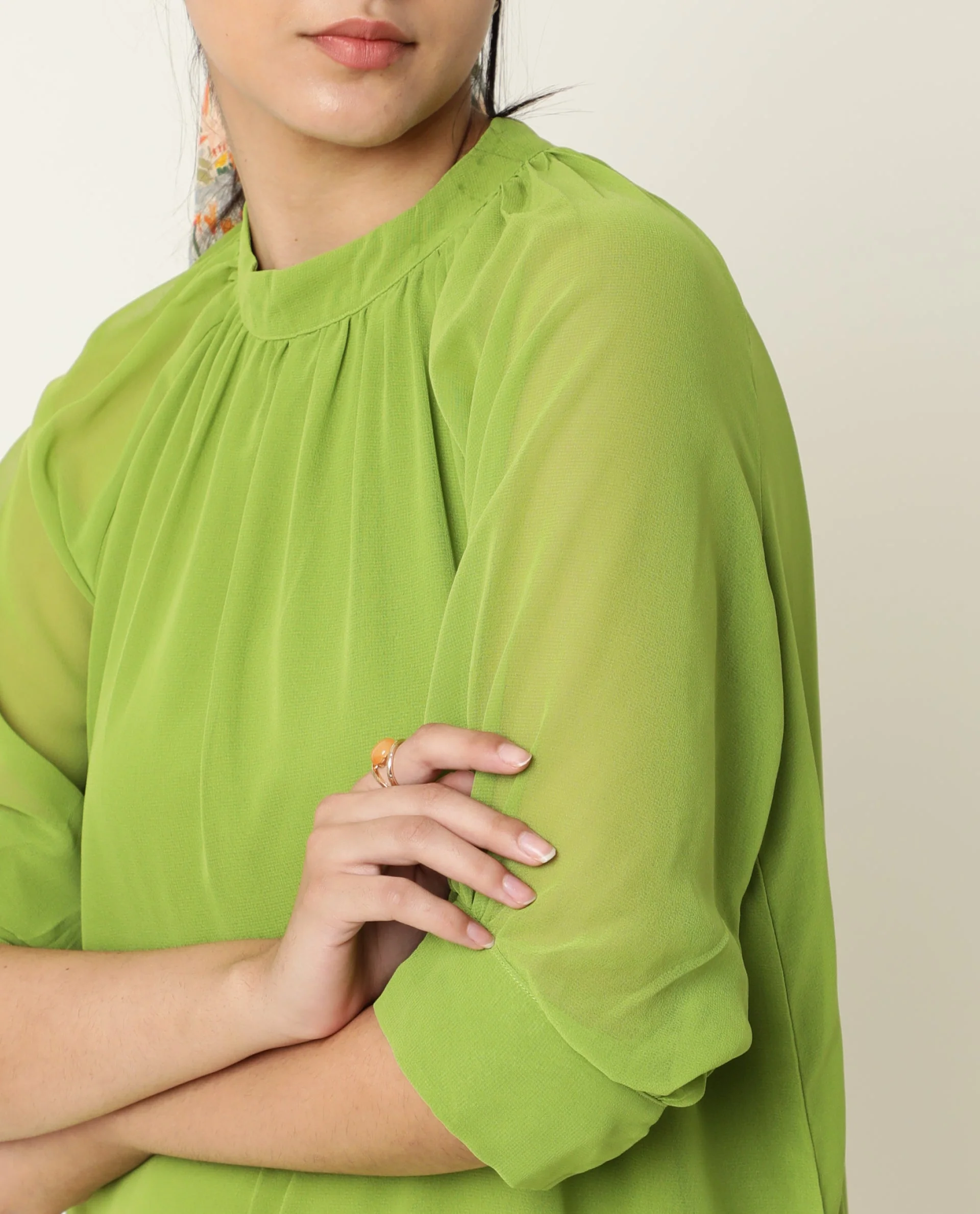 Rareism Women's Frag Green High Neck Plain Knee Length Regular Fit Dress - Image 5