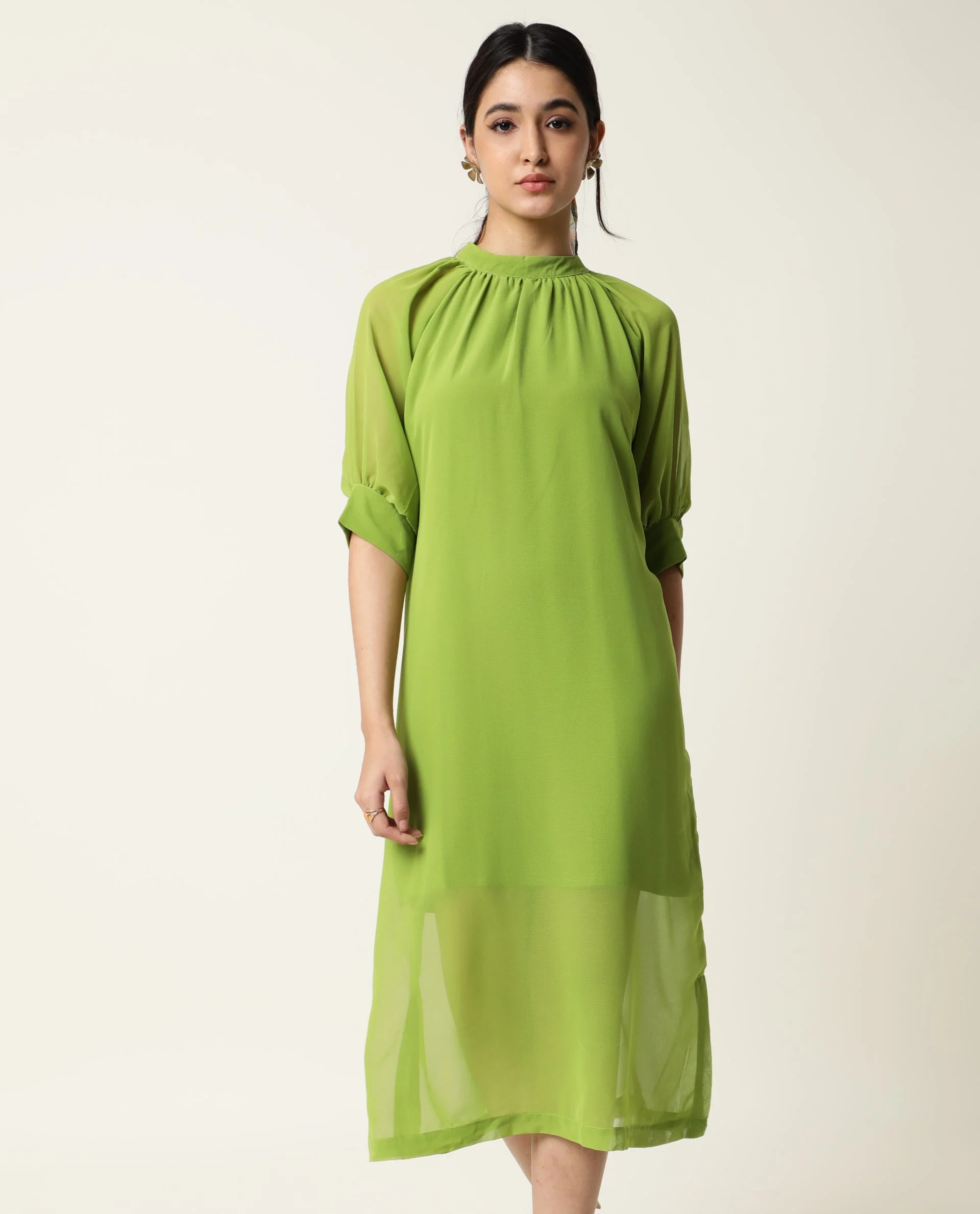 Rareism Women's Frag Green High Neck Plain Knee Length Regular Fit Dress - Image 6