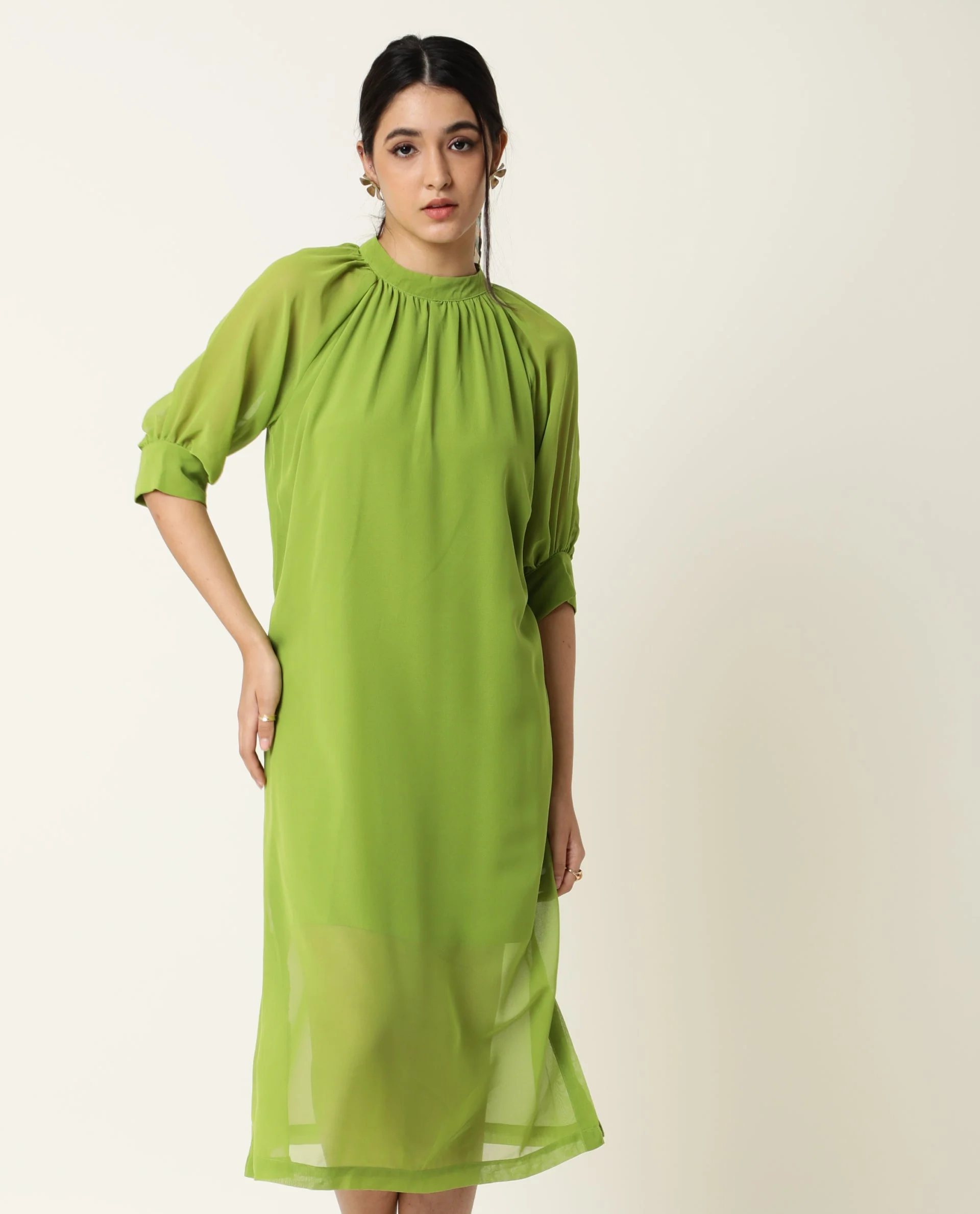 Rareism Women's Frag Green High Neck Plain Knee Length Regular Fit Dress - Image 9