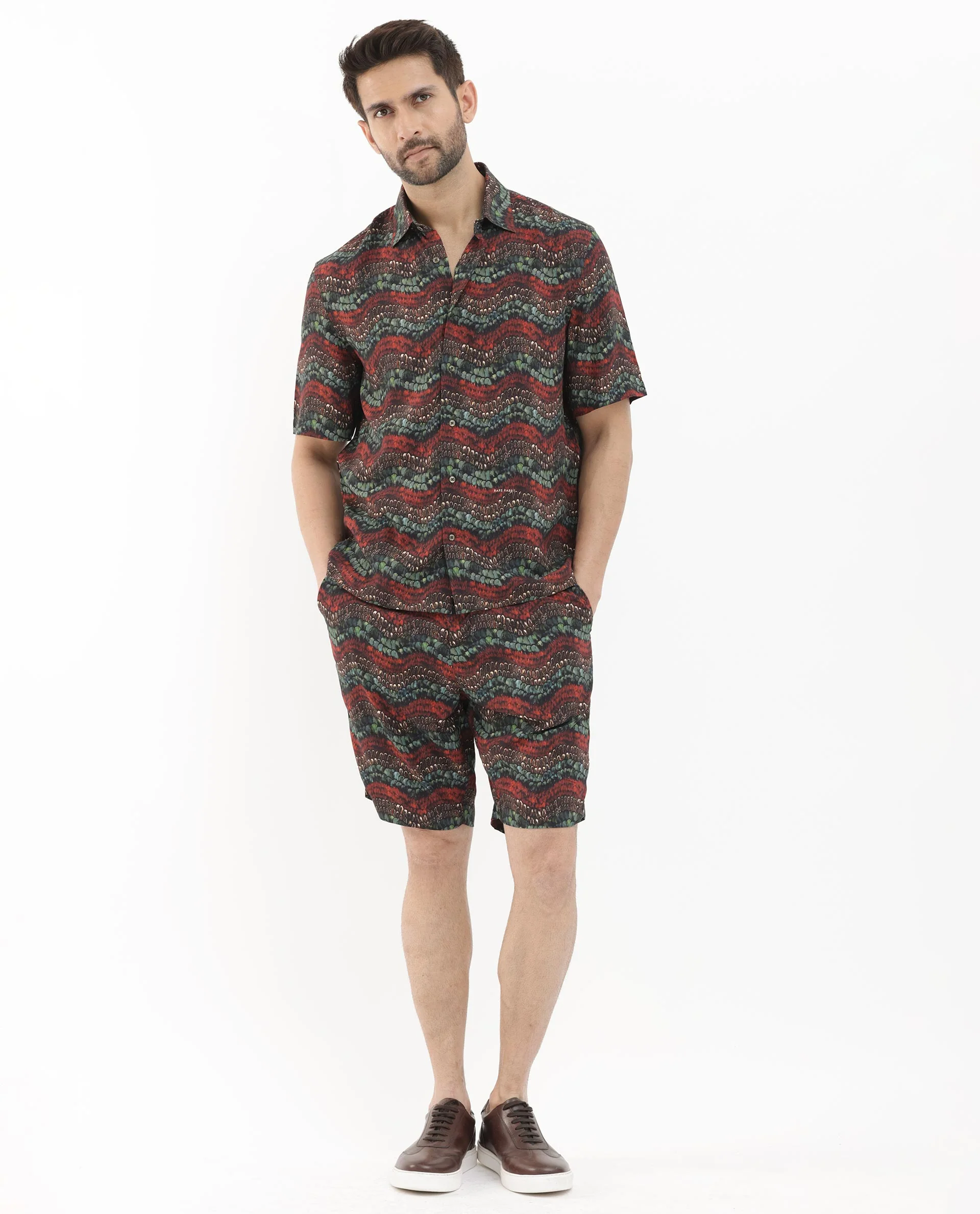 Rare Rabbit Men's Frakin Brown Viscose Abstract Print Relaxed Fit Shorts - Image 8