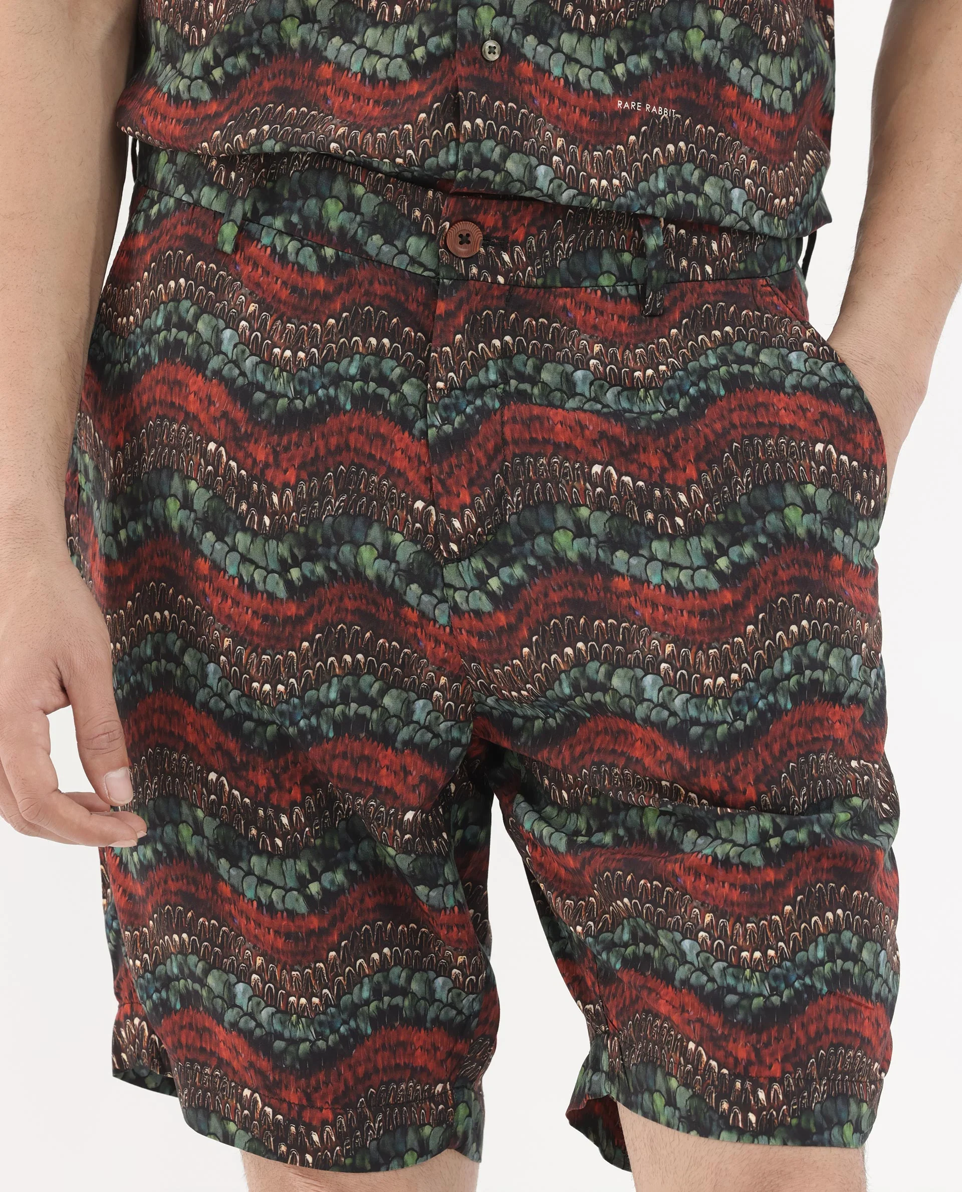 Rare Rabbit Men's Frakin Brown Viscose Abstract Print Relaxed Fit Shorts - Image 9