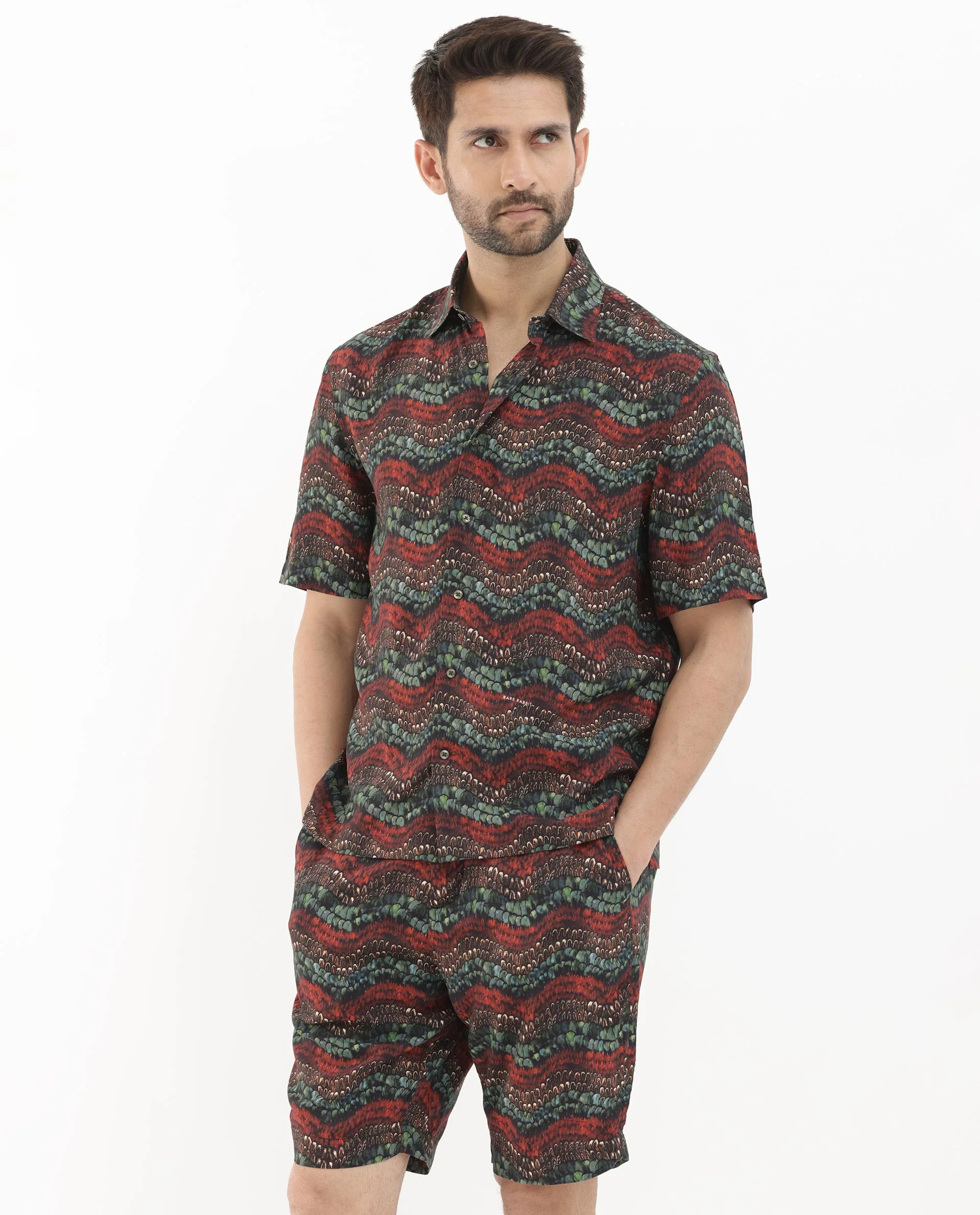 Rare Rabbit Men's Fraks Brown Viscose Tropical Print Boxy Fit Half Sleeve Spread Collar Shirt