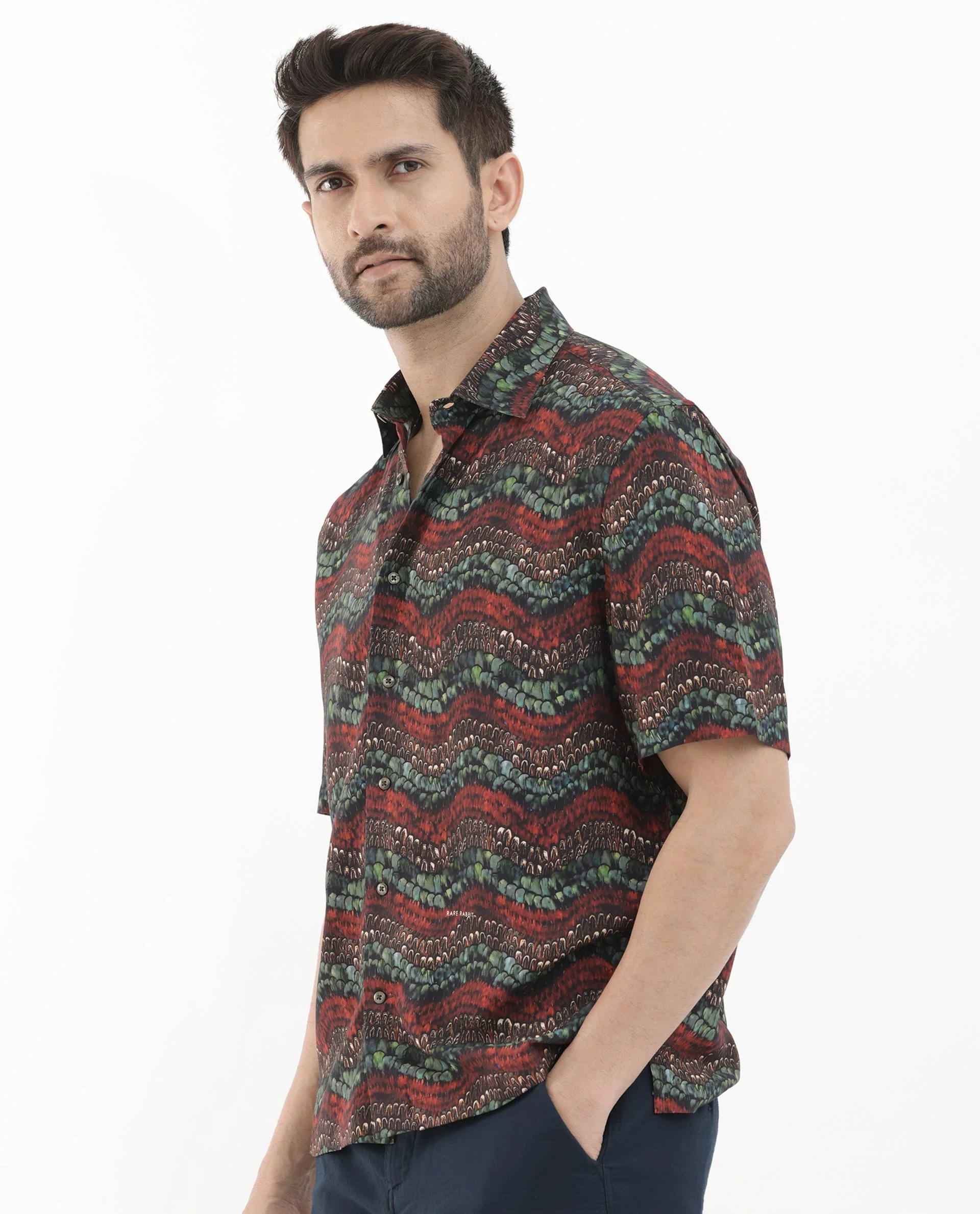 Rare Rabbit Men's Fraks Brown Viscose Tropical Print Boxy Fit Half Sleeve Spread Collar Shirt - Image 3