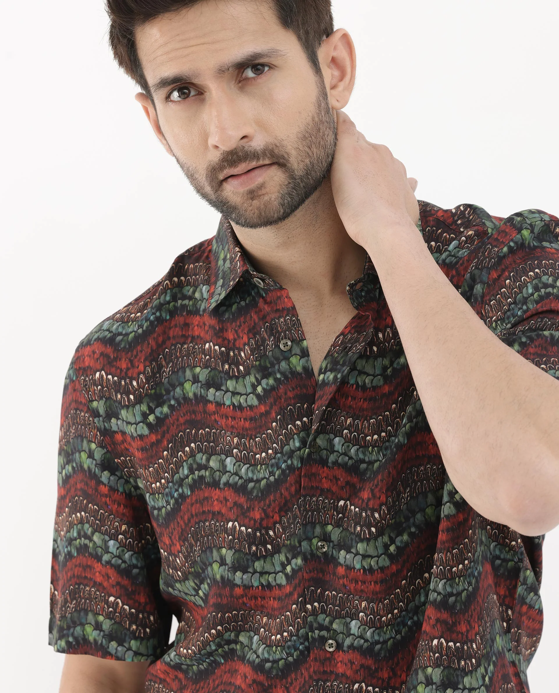 Rare Rabbit Men's Fraks Brown Viscose Tropical Print Boxy Fit Half Sleeve Spread Collar Shirt - Image 4