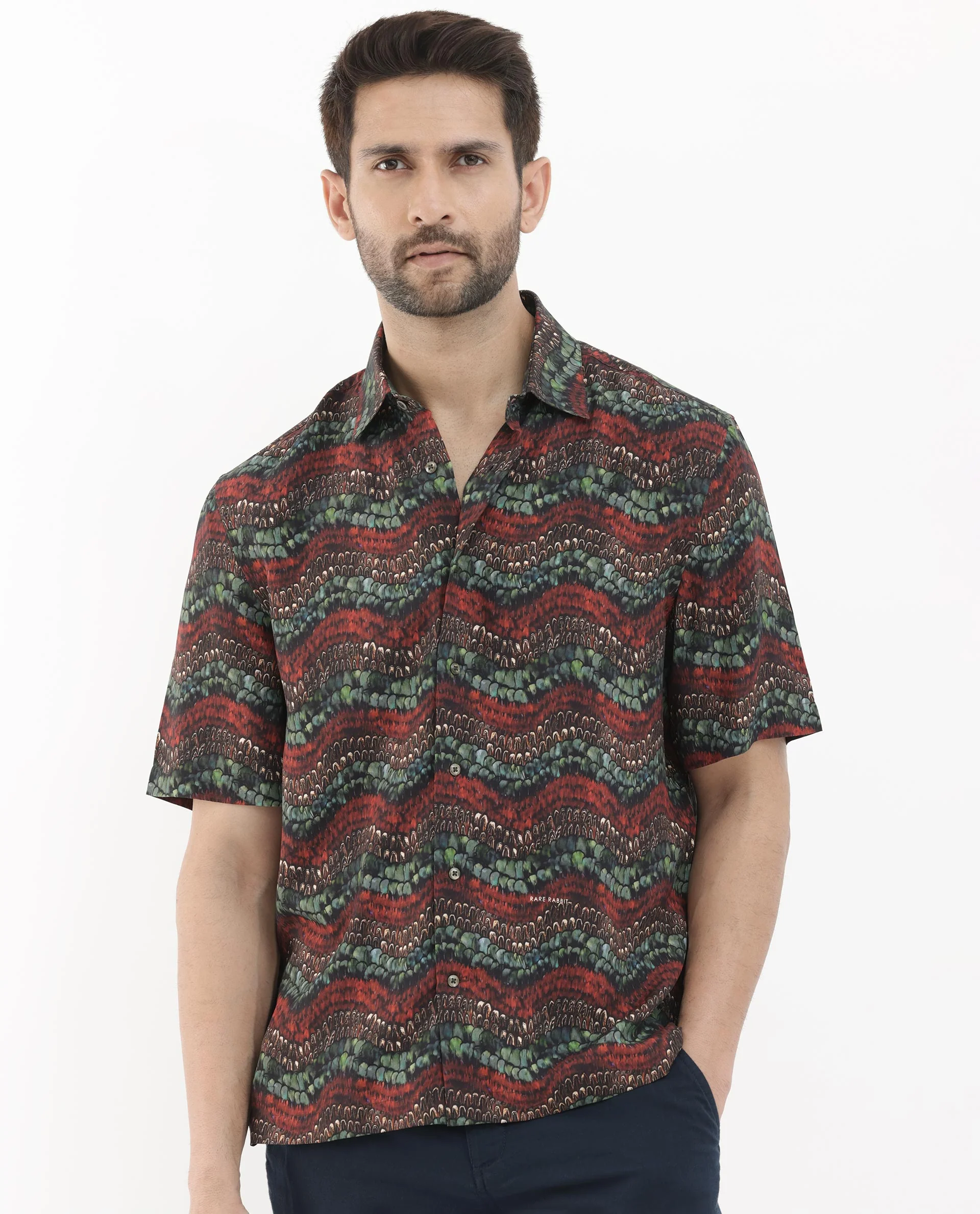 Rare Rabbit Men's Fraks Brown Viscose Tropical Print Boxy Fit Half Sleeve Spread Collar Shirt - Image 6