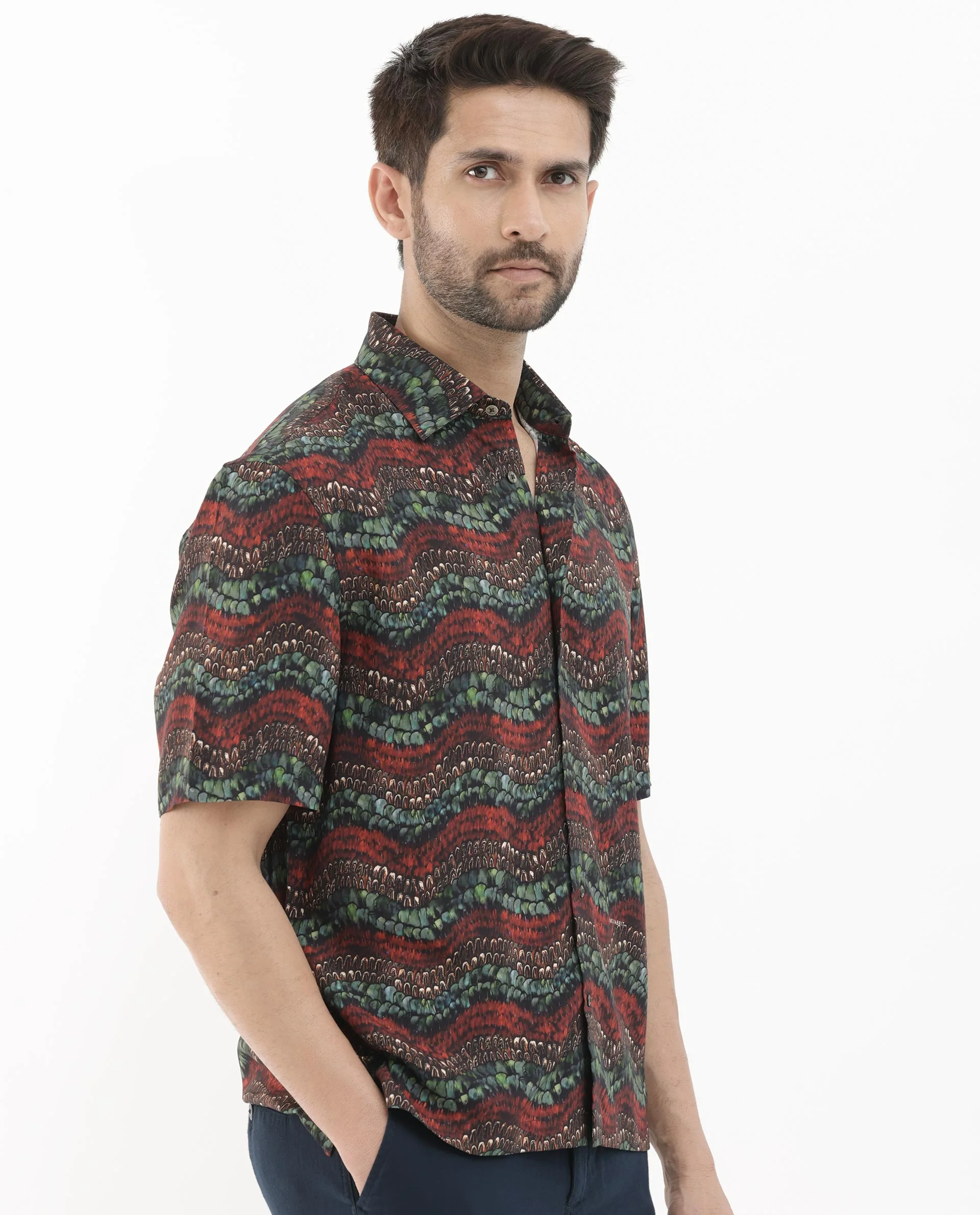 Rare Rabbit Men's Fraks Brown Viscose Tropical Print Boxy Fit Half Sleeve Spread Collar Shirt - Image 7