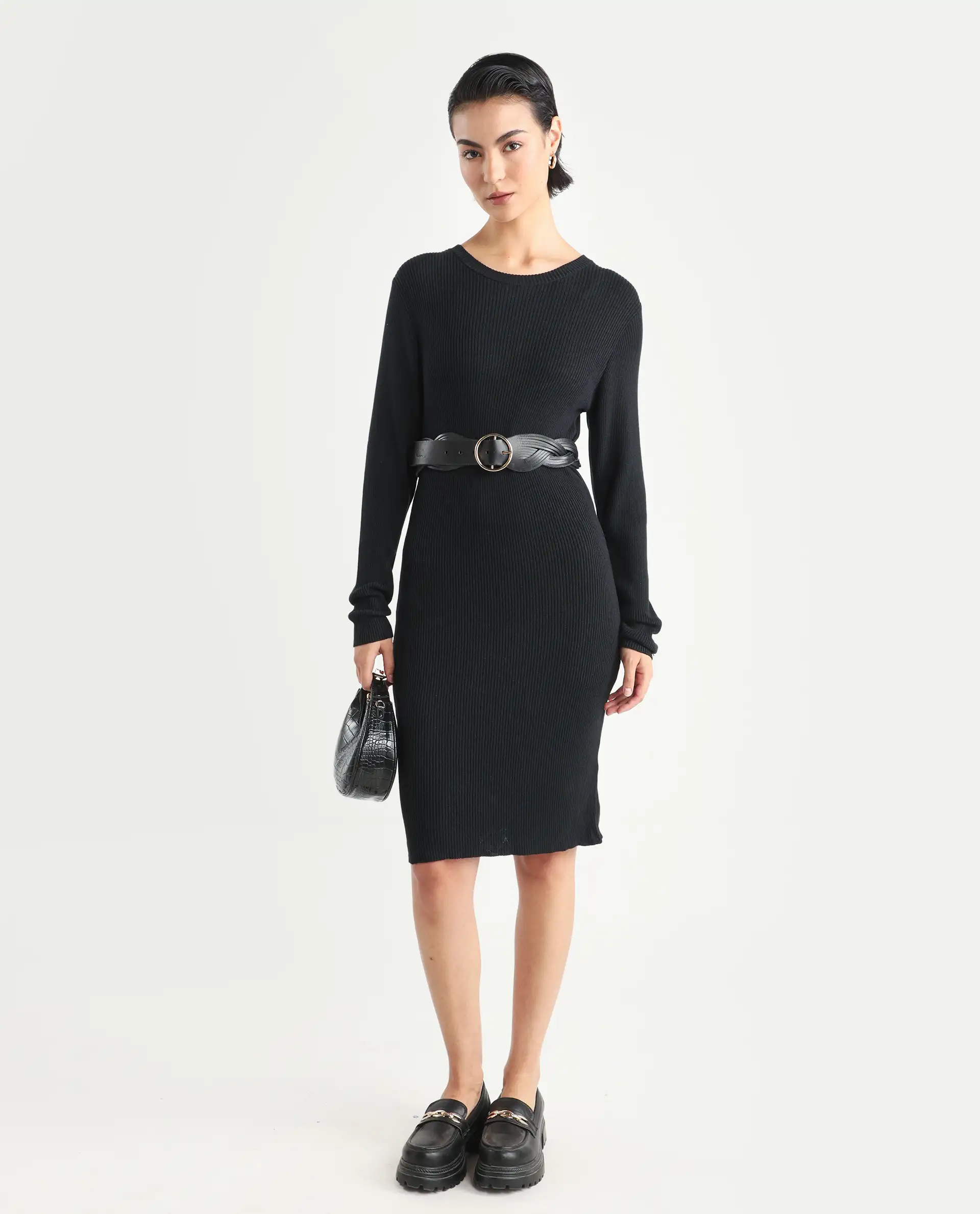 Rareism Women's Franccois Black Viscose Boat Neck Plain Knee Length Regular Fit Sweater - Image 2