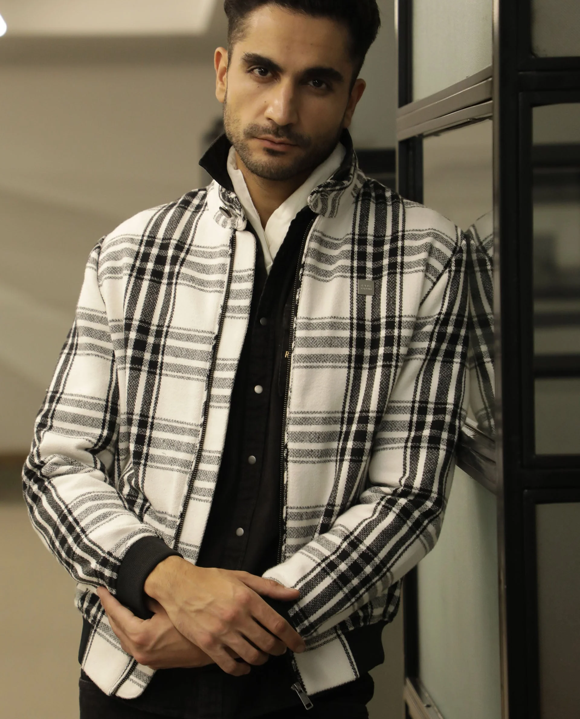 Rare Rabbit Men's France Offwhite Polyester Checked Print Regular Fit Full Sleeve Spread Collar Jacket