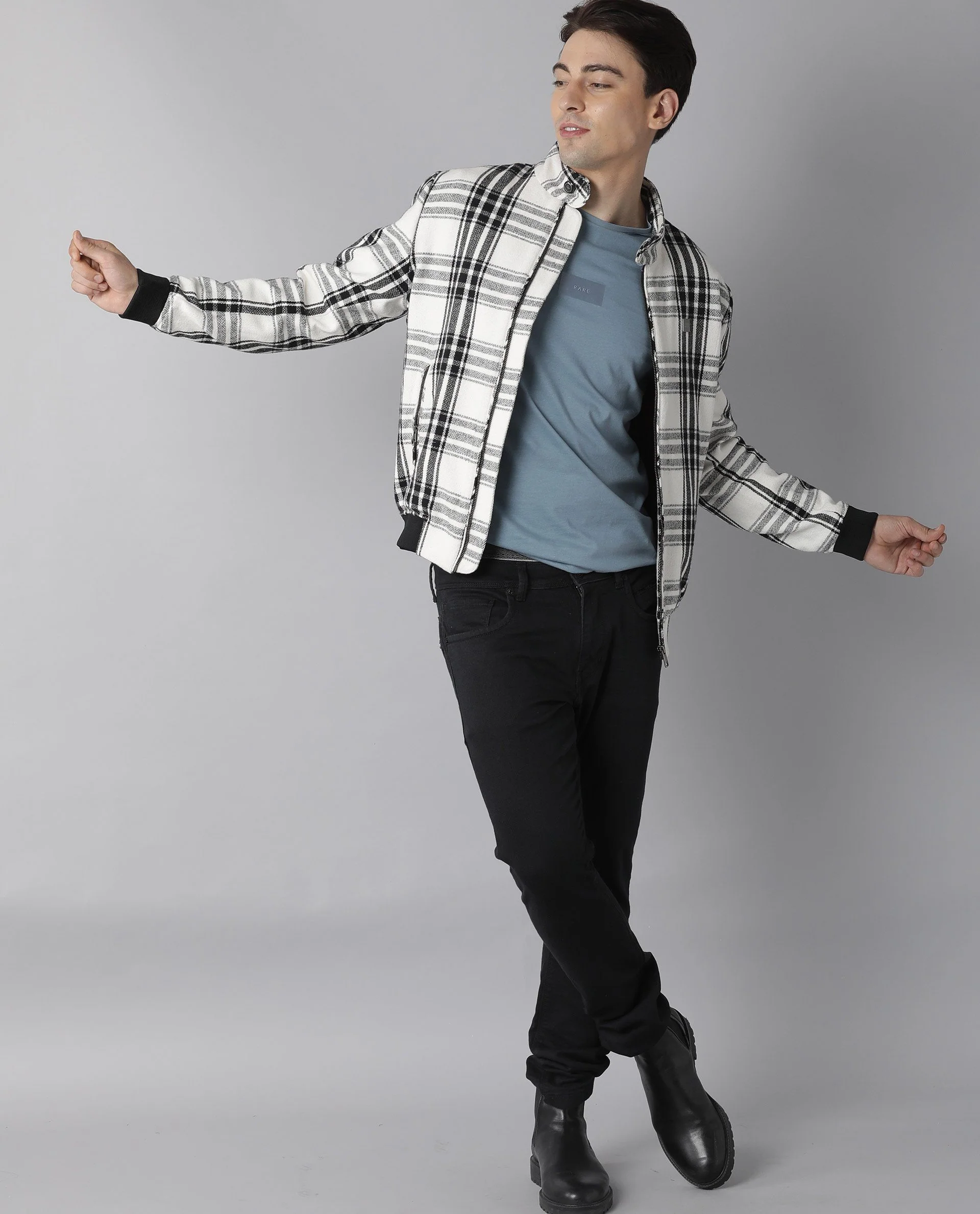 Rare Rabbit Men's France Offwhite Polyester Checked Print Regular Fit Full Sleeve Spread Collar Jacket - Image 3