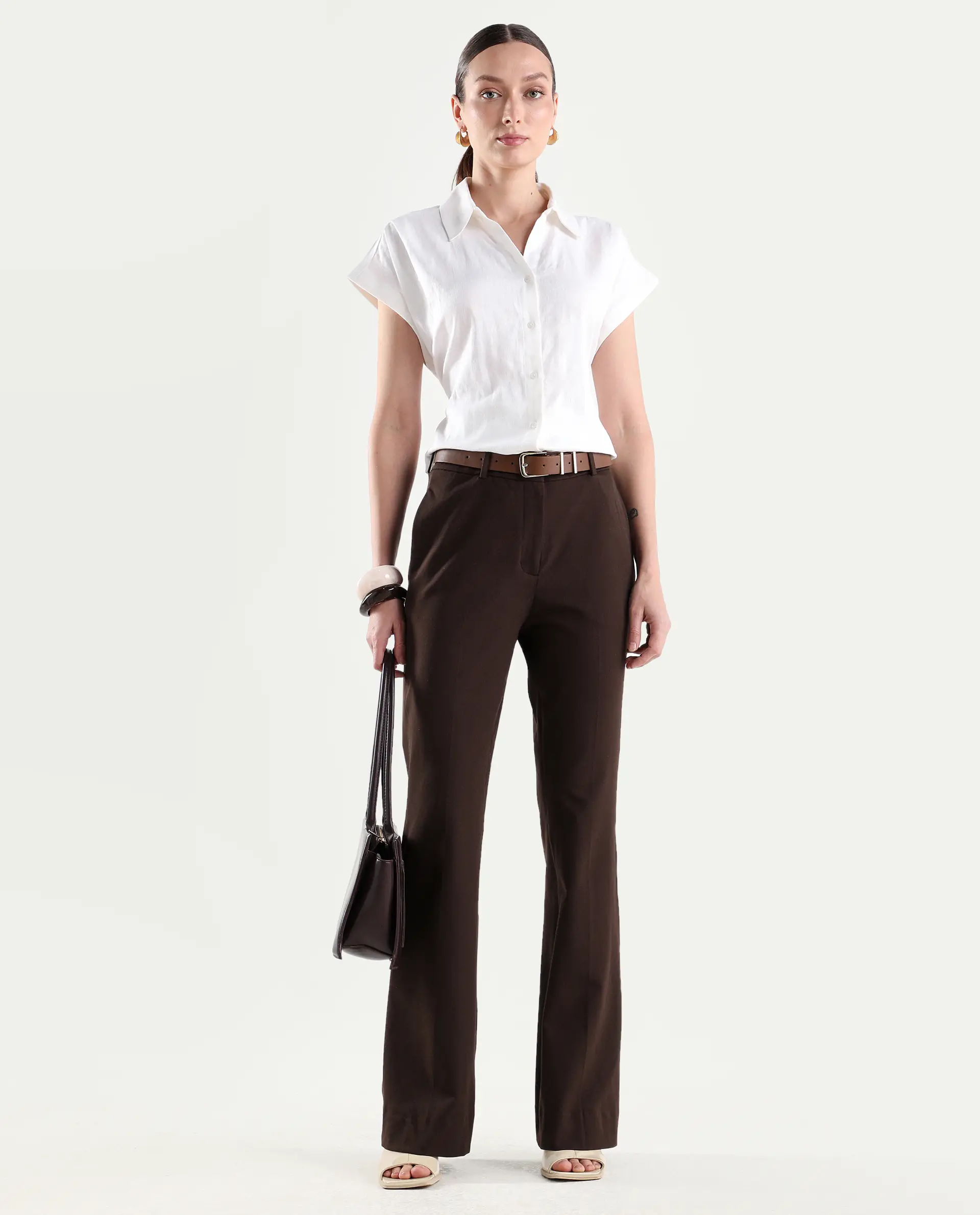 Rareism Women's Frare Brown Viscose Fabric Bootcut Plain Trouser - Image 2