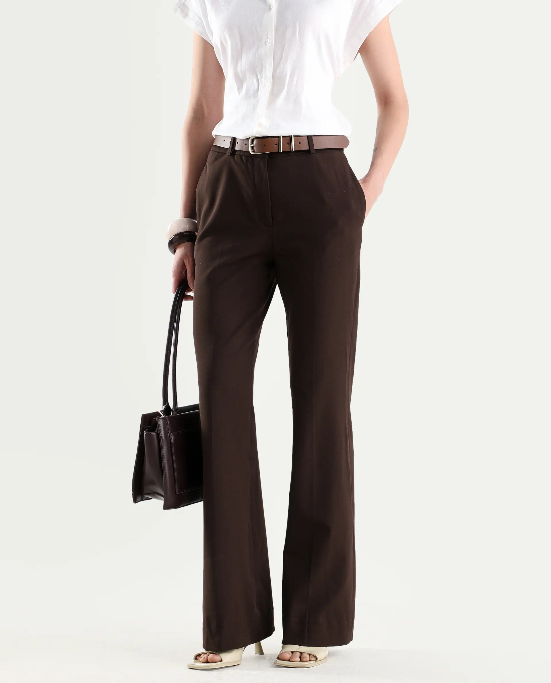 Rareism Women's Frare Brown Viscose Fabric Bootcut Plain Trouser - Image 3