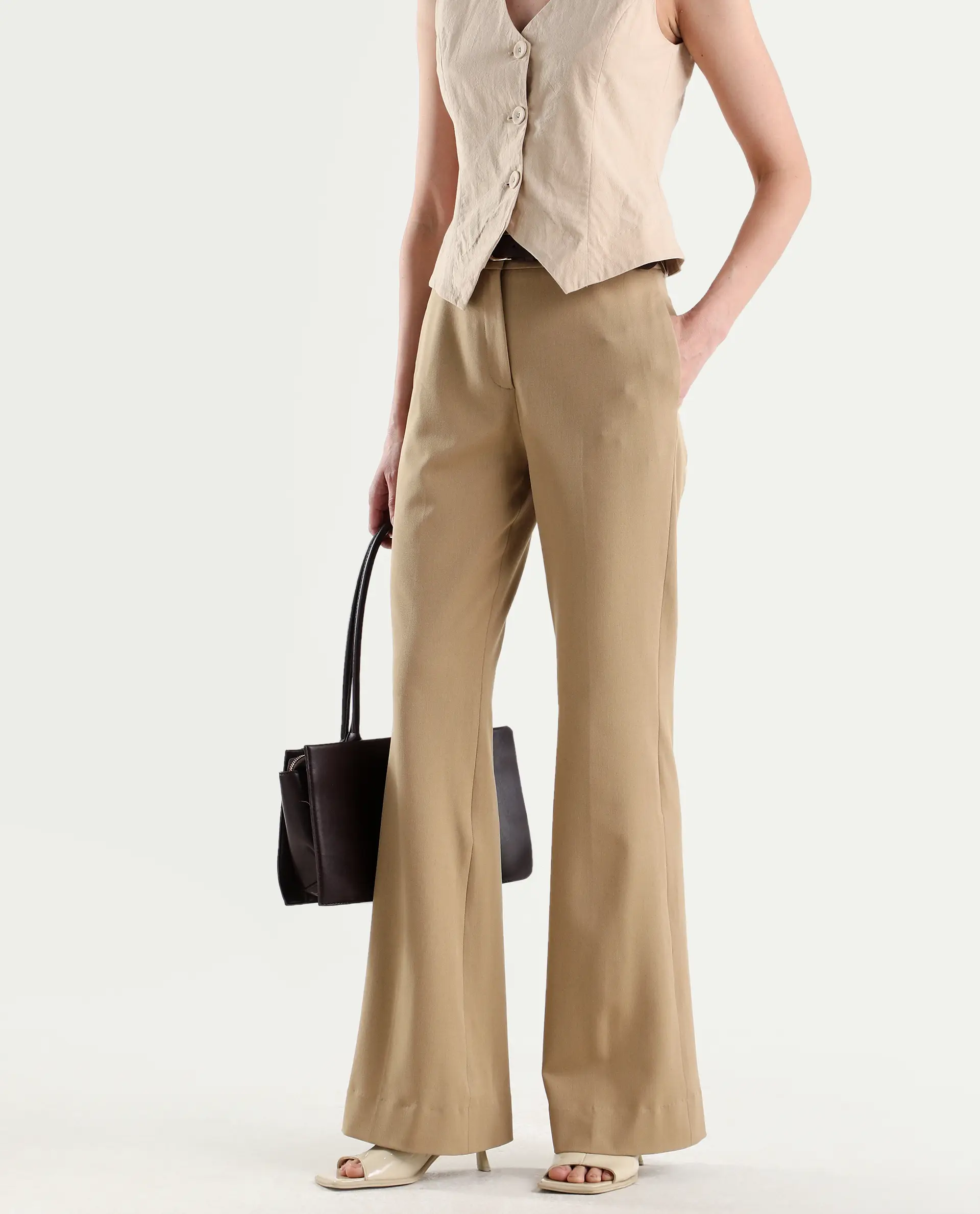 Rareism Women's Frare Khaki Viscose Bootcut Plain Trouser - Image 2