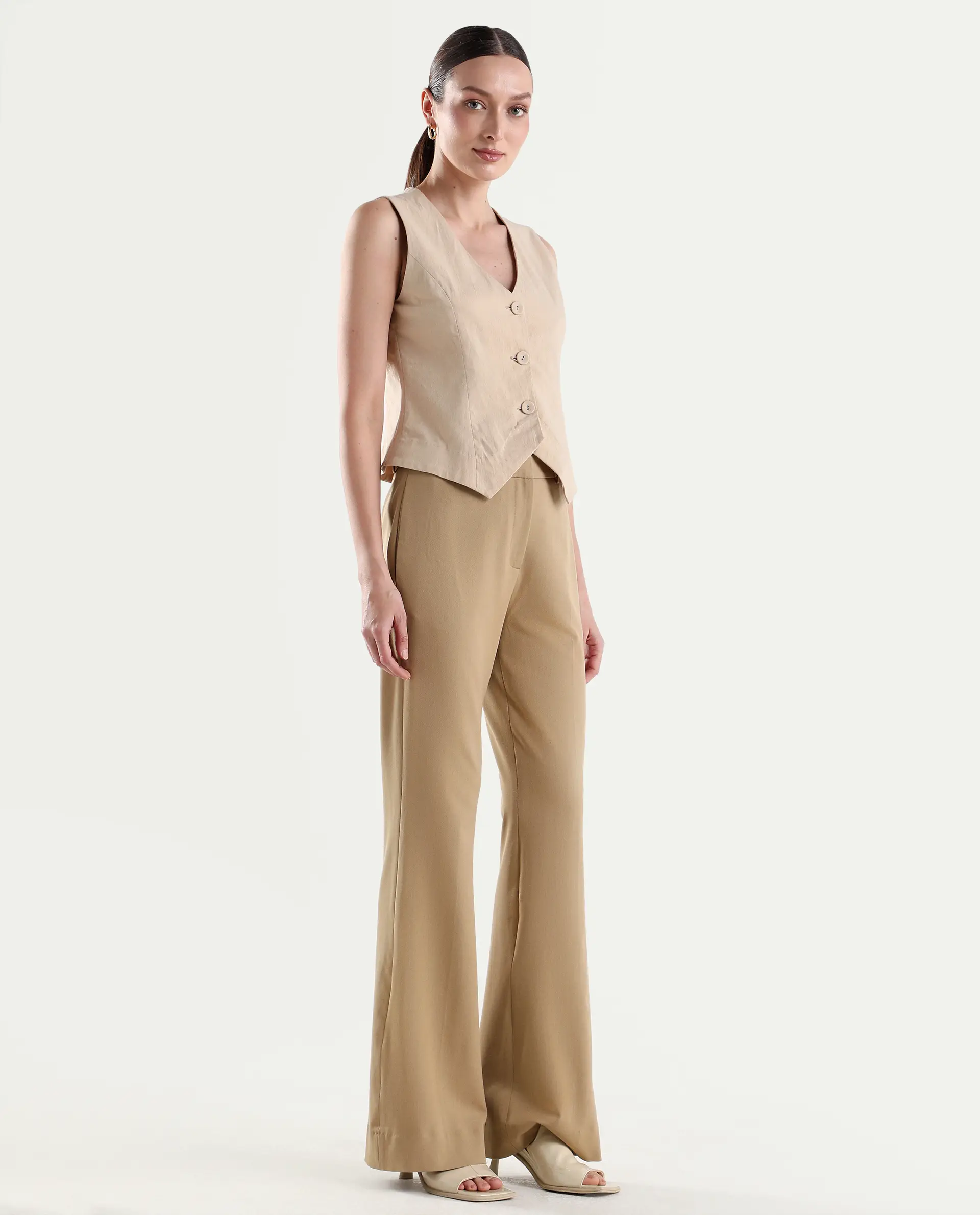 Rareism Women's Frare Khaki Viscose Bootcut Plain Trouser - Image 4