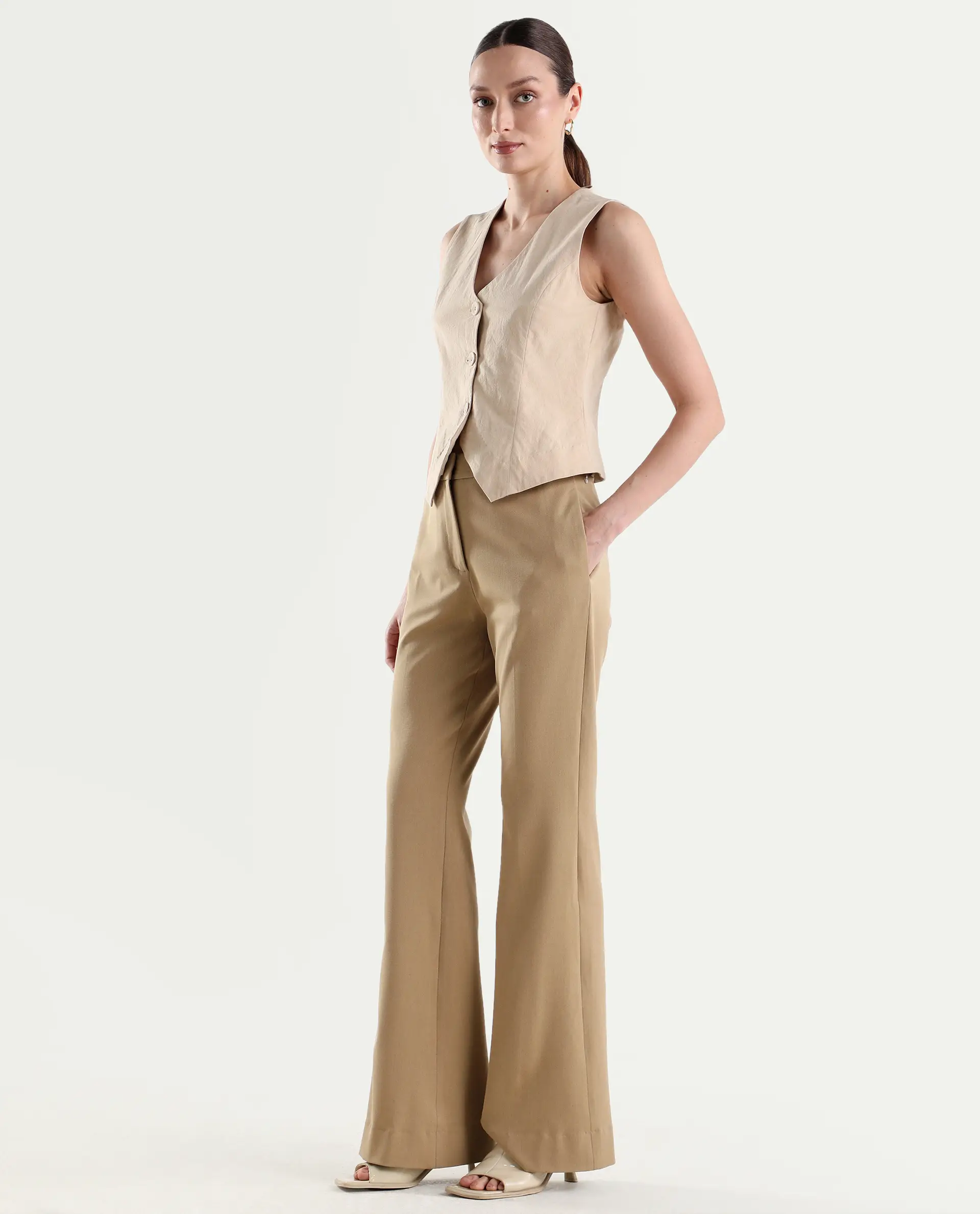 Rareism Women's Frare Khaki Viscose Bootcut Plain Trouser - Image 5