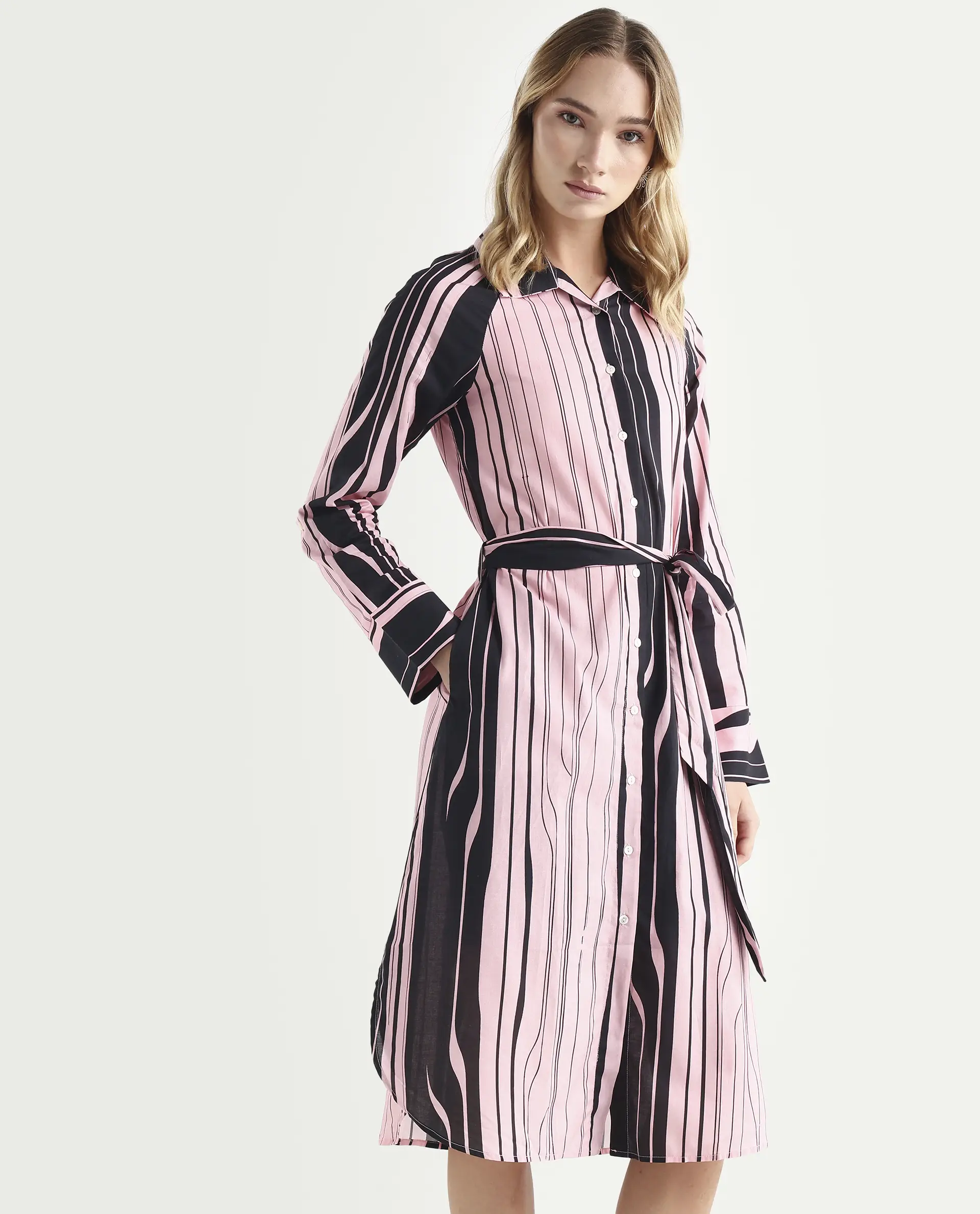 Rareism Women's Fraser Dark Pink Cotton Spread Collar Striped Cuffed Sleeve Midi Fit And Flare Dress - Image 2