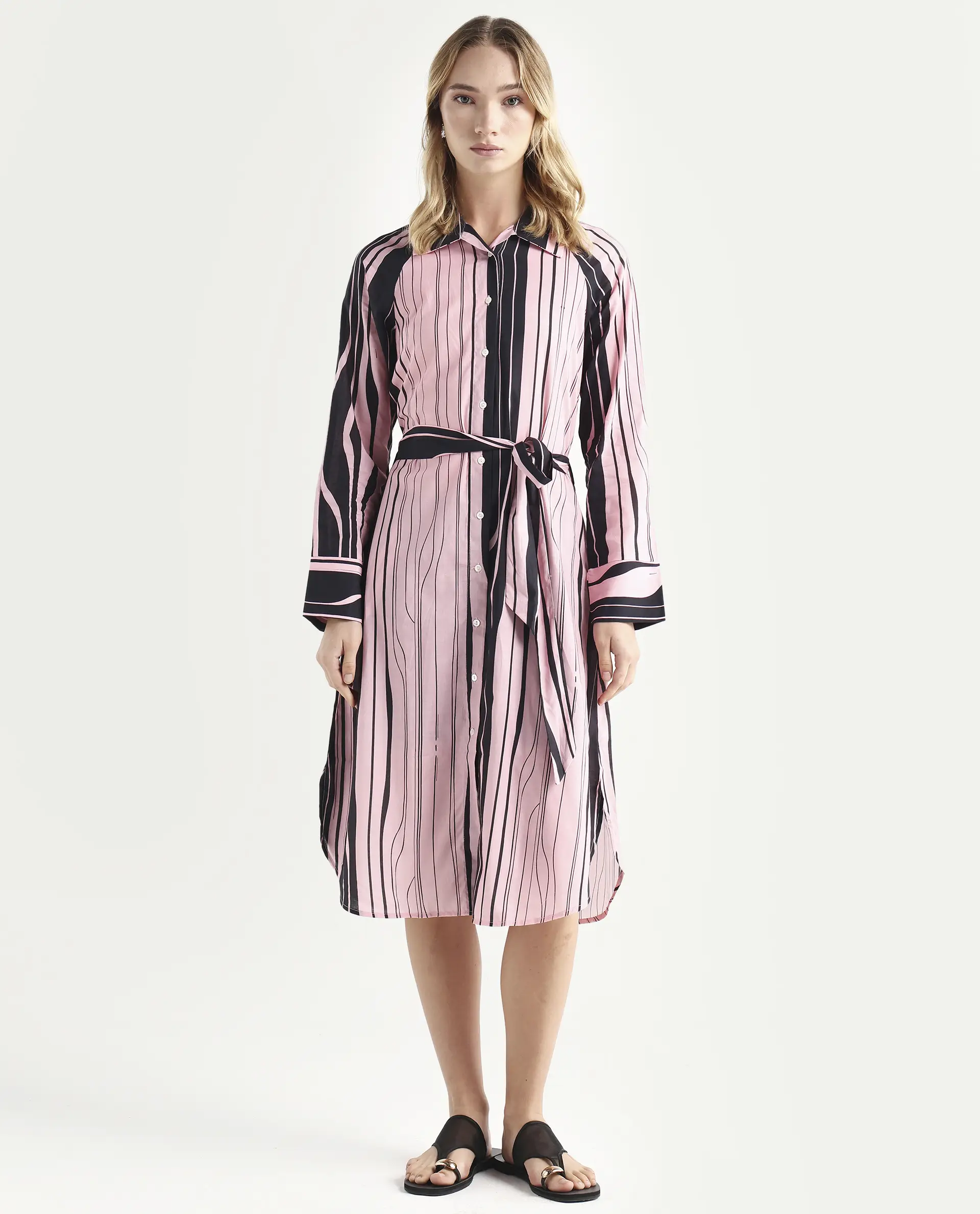 Rareism Women's Fraser Dark Pink Cotton Spread Collar Striped Cuffed Sleeve Midi Fit And Flare Dress - Image 3