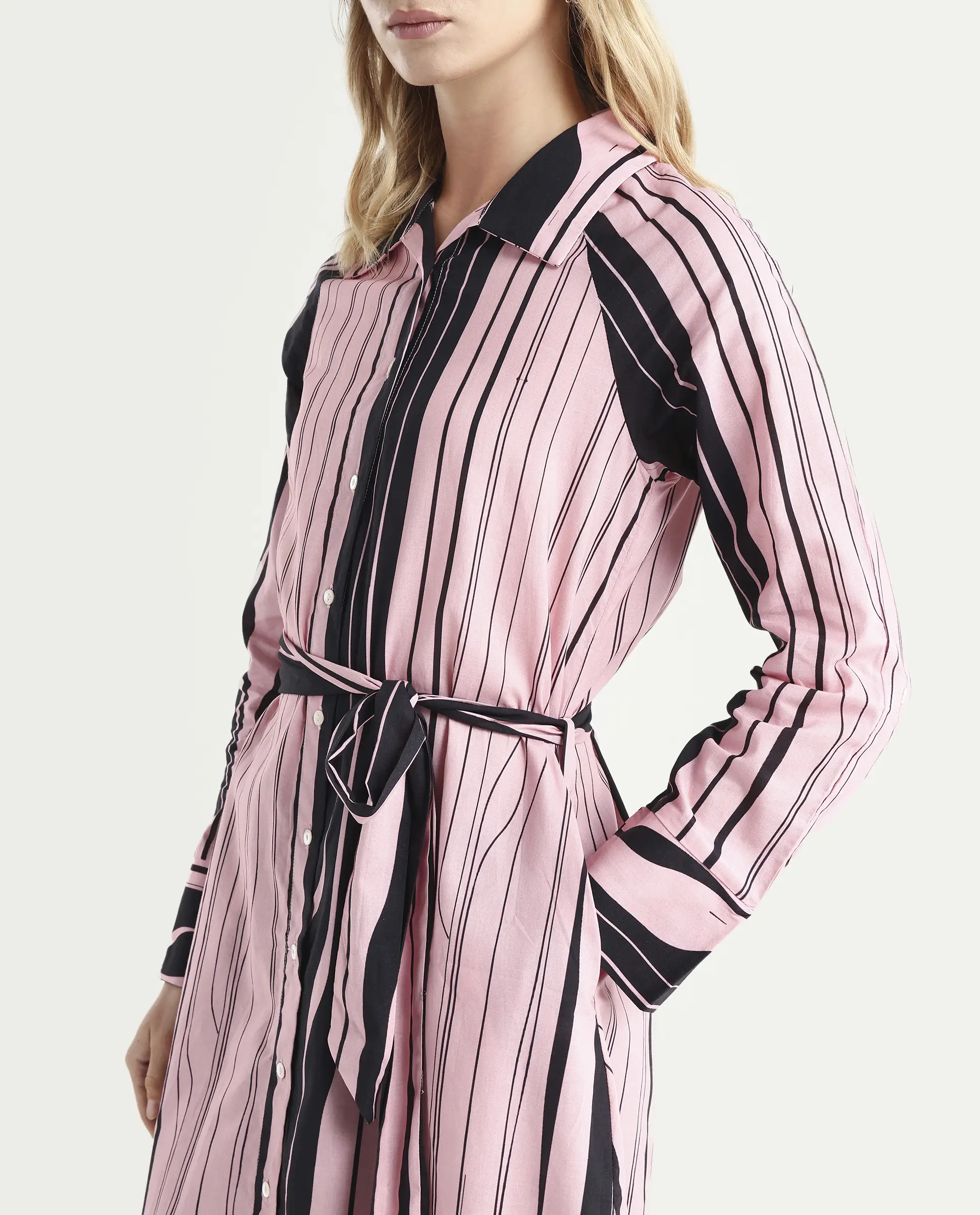 Rareism Women's Fraser Dark Pink Cotton Spread Collar Striped Cuffed Sleeve Midi Fit And Flare Dress - Image 4