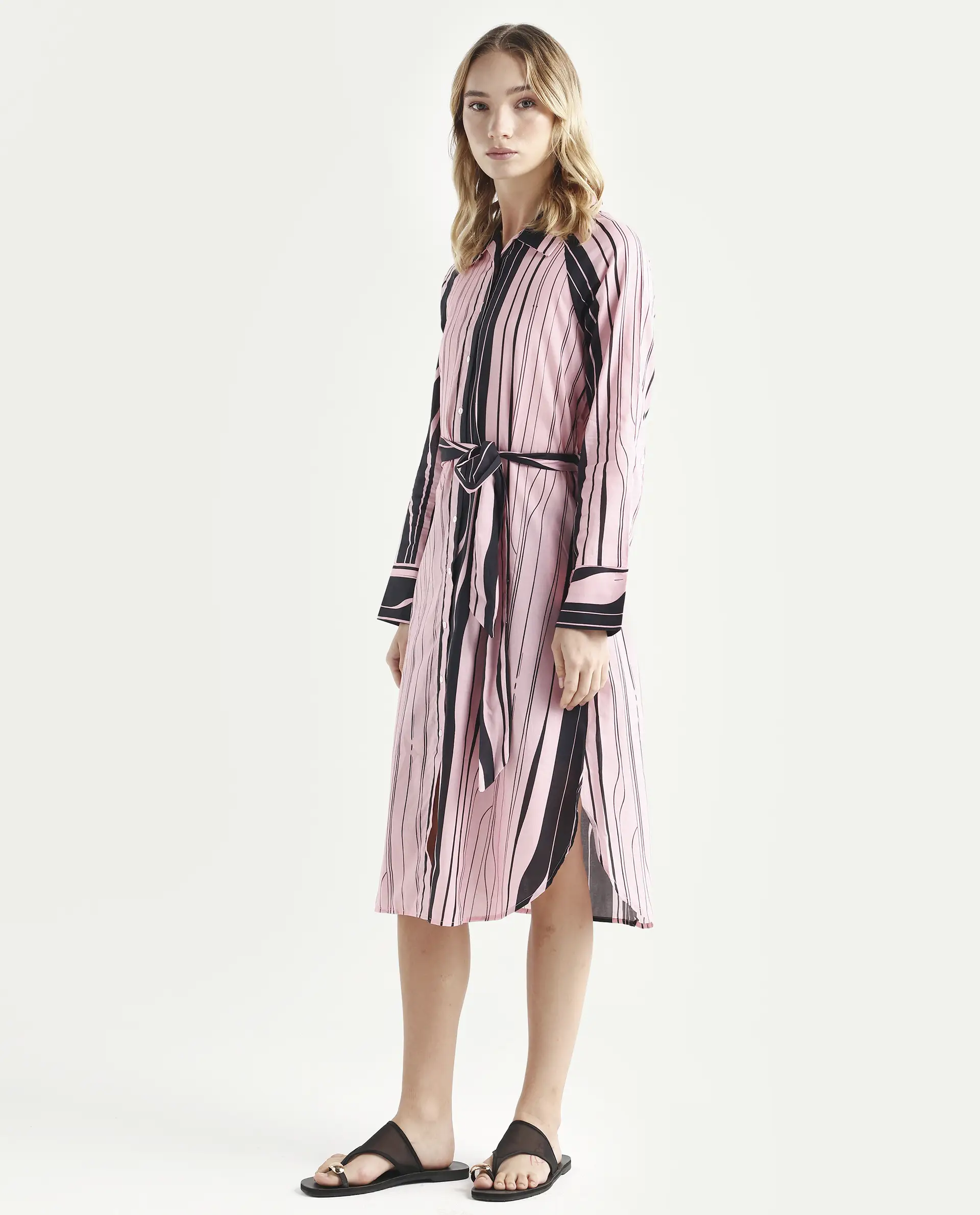 Rareism Women's Fraser Dark Pink Cotton Spread Collar Striped Cuffed Sleeve Midi Fit And Flare Dress - Image 5
